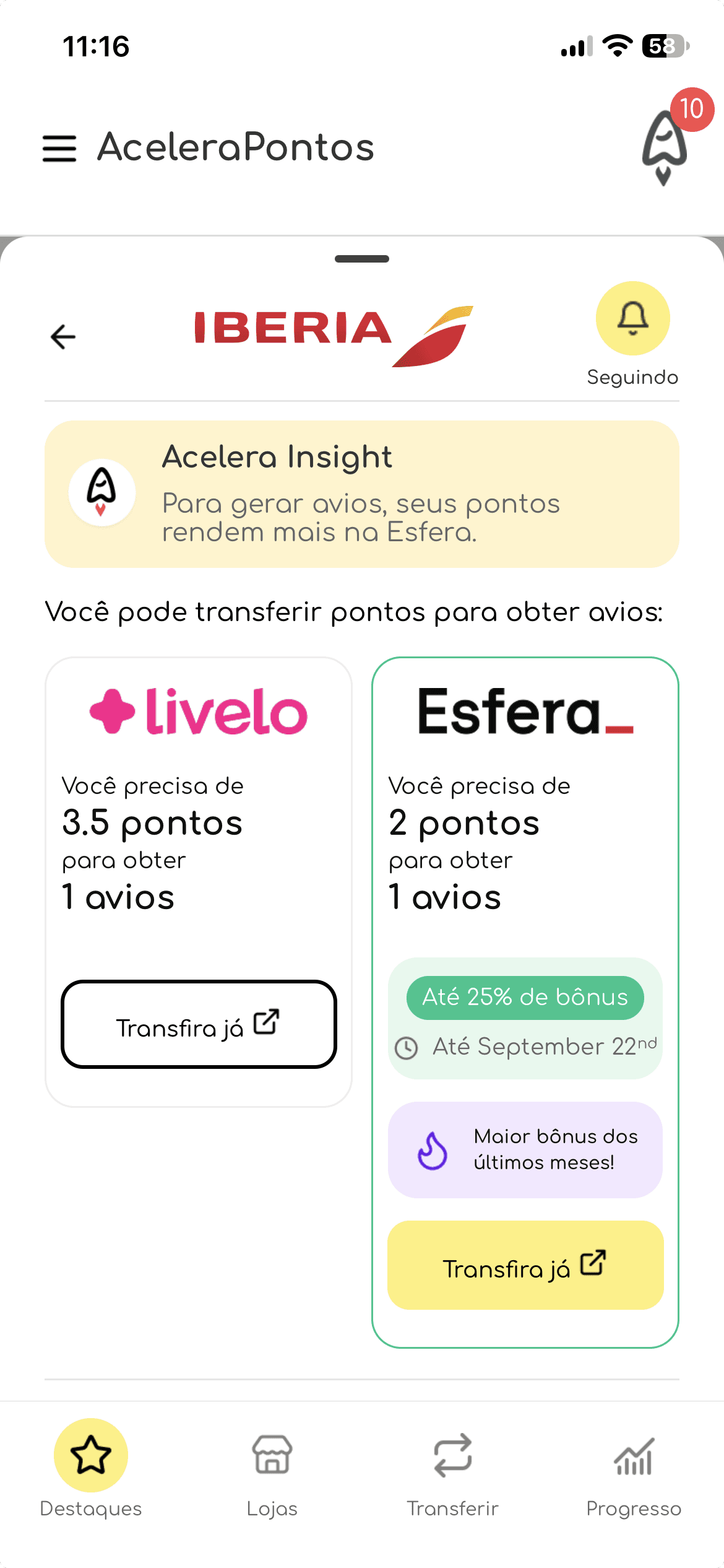 AceleraPontos compara a conversão de Esfera e Livelo para Iberia e mostra bônus de até 25%