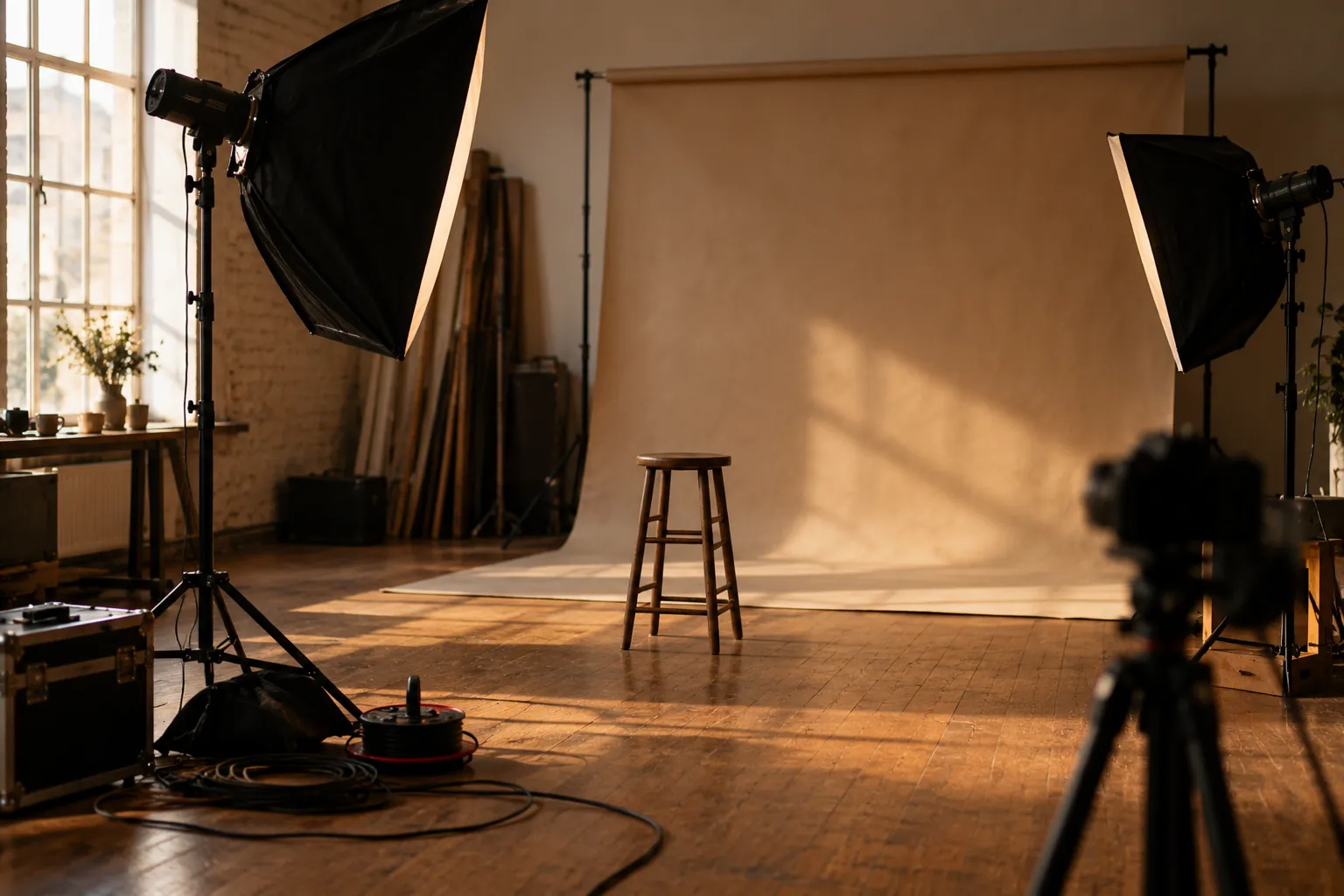 An empty photo studio with soft boxes, a stool and a backdrop