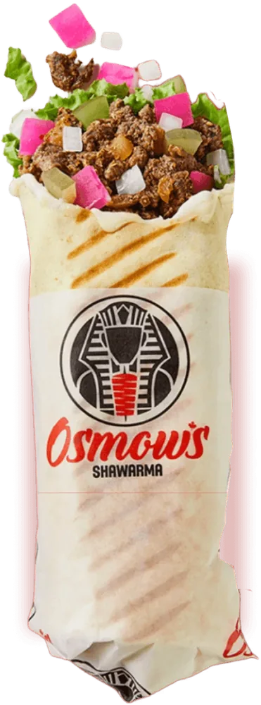 Osmow's shawarma wrap in branded paper packaging standing upright