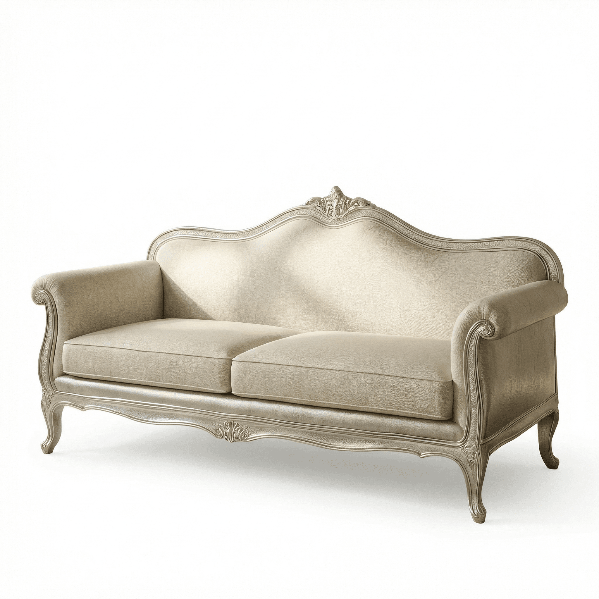 Ornate classic sofa with scrolled silhouette, decorative frame, and formal upholstery