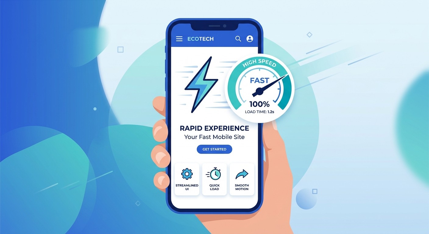 Fast-loading mobile business website on a smartphone with a speed gauge