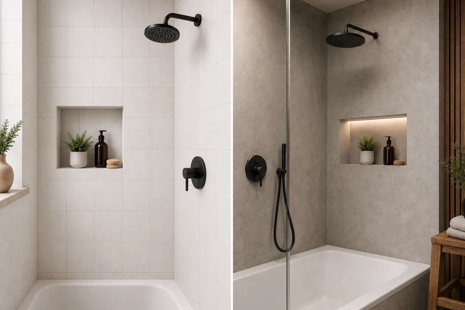Split image comparing a tiled bathroom installation with a wet wall panel installation