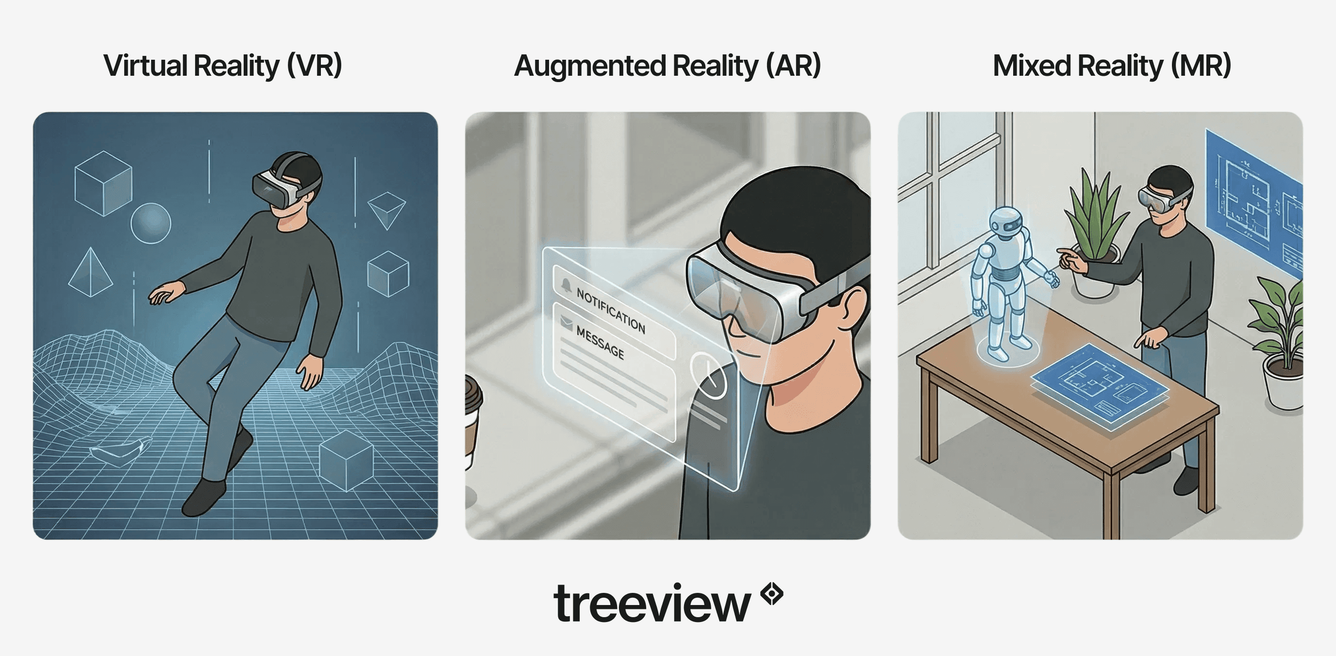 Three-panel comparison showing the difference between Virtual Reality (fully digital), Augmented Reality (floating overlay), and Mixed Reality (digital objects anchored and interacting with the physical world).
