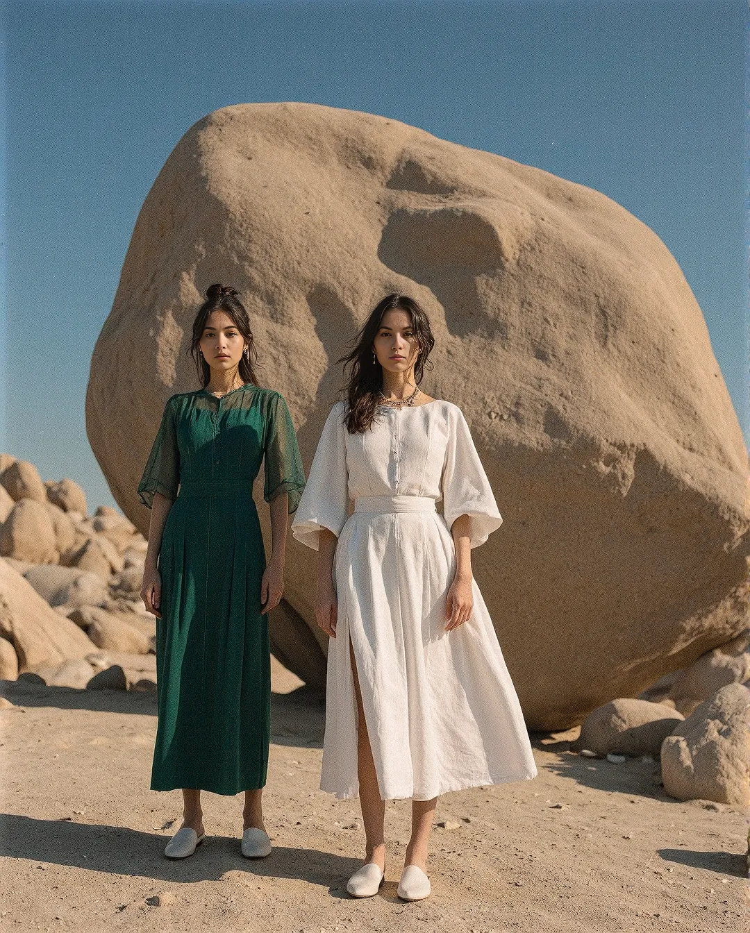 Two elegant dresses—one emerald green, one crisp white—showcased against a massive desert boulder under clear blue sky