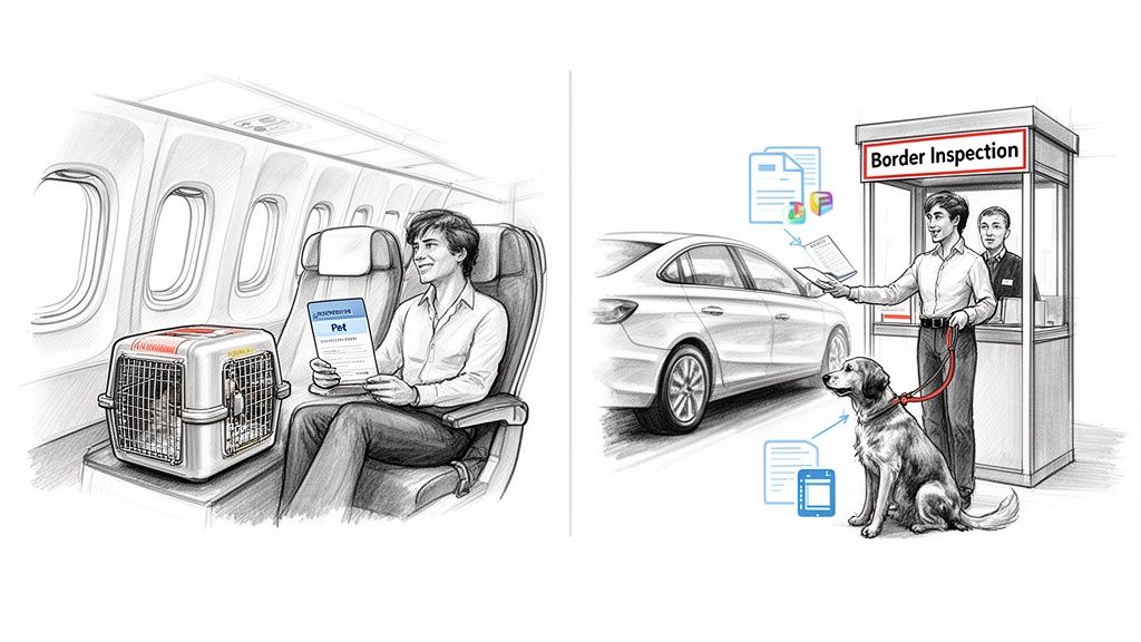 Man traveling with a cat on a plane and a dog at border control, both with pet documents.