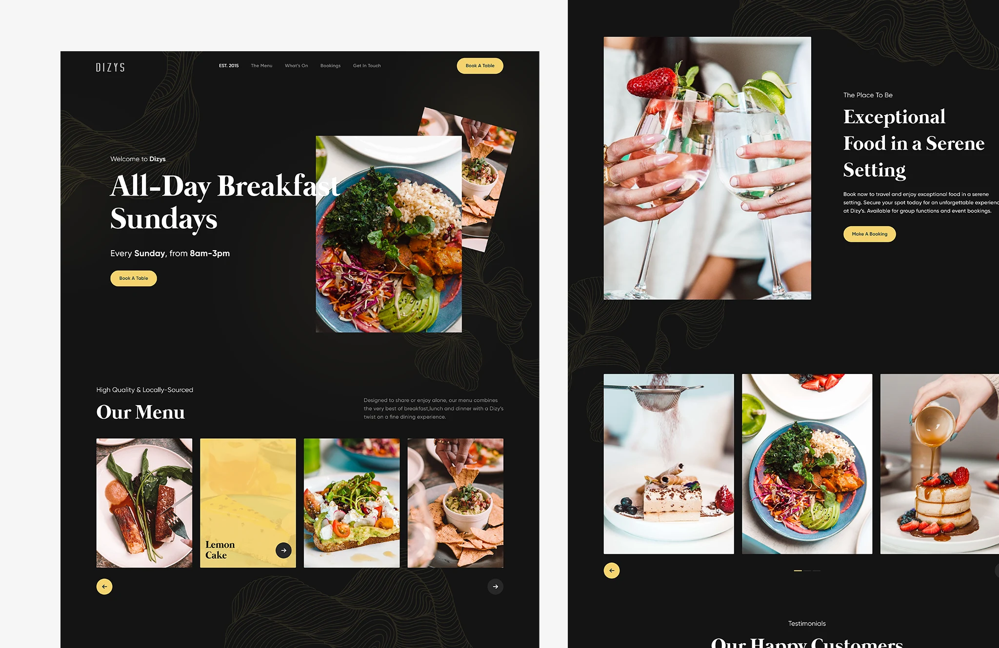 Restaurant website hero design showcasing all-day breakfast, modern food photography, and premium dining brand UI