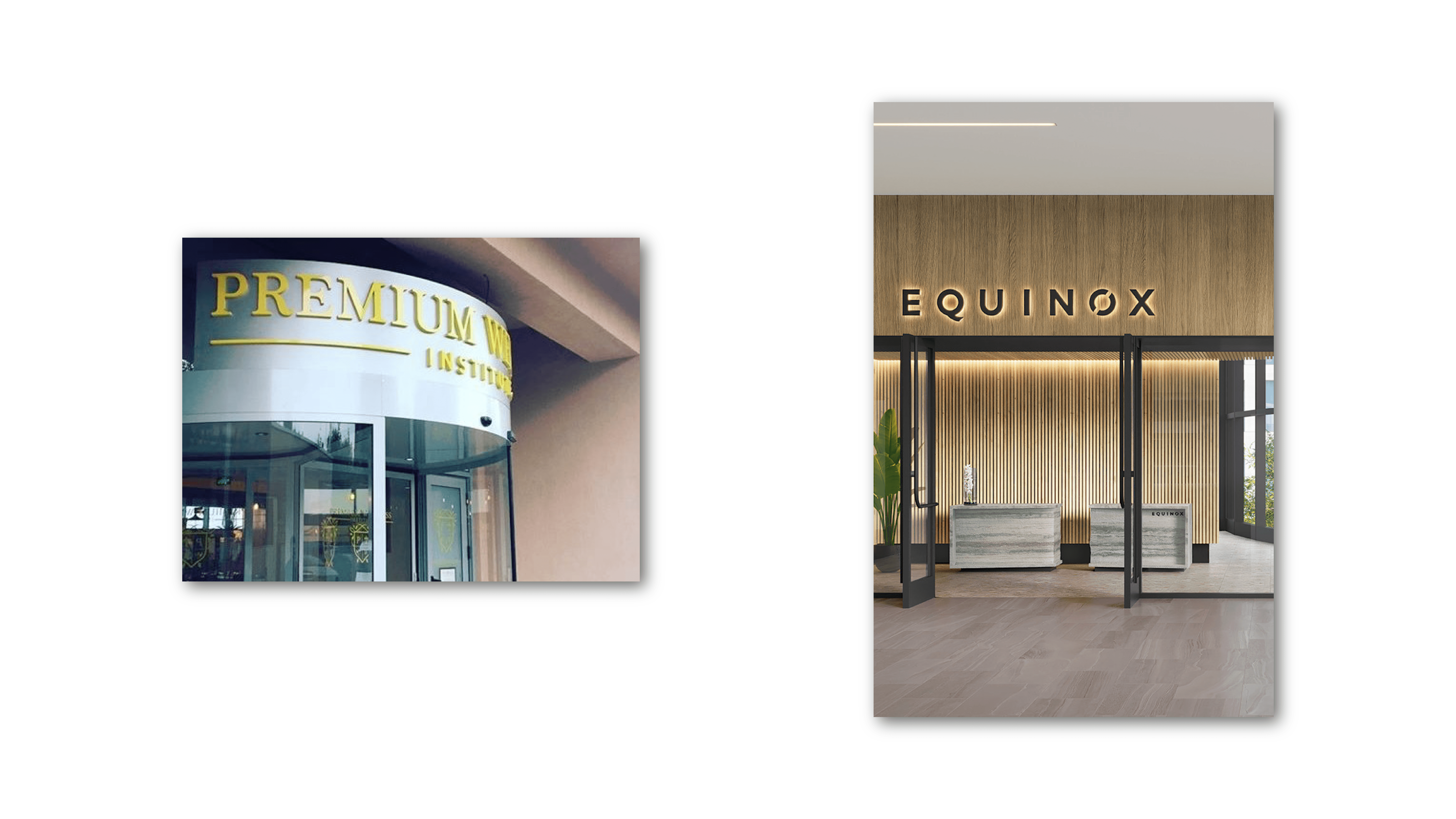 Two upscale gym storefronts with branded signage and glass entrances representing premium fitness locations.