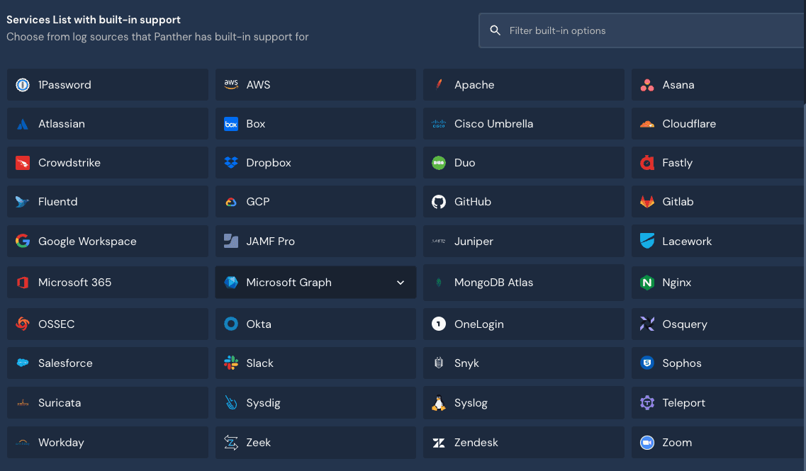 Screenshot of the built-in source add screen showing 40 built-in integrations including Microsoft Graph