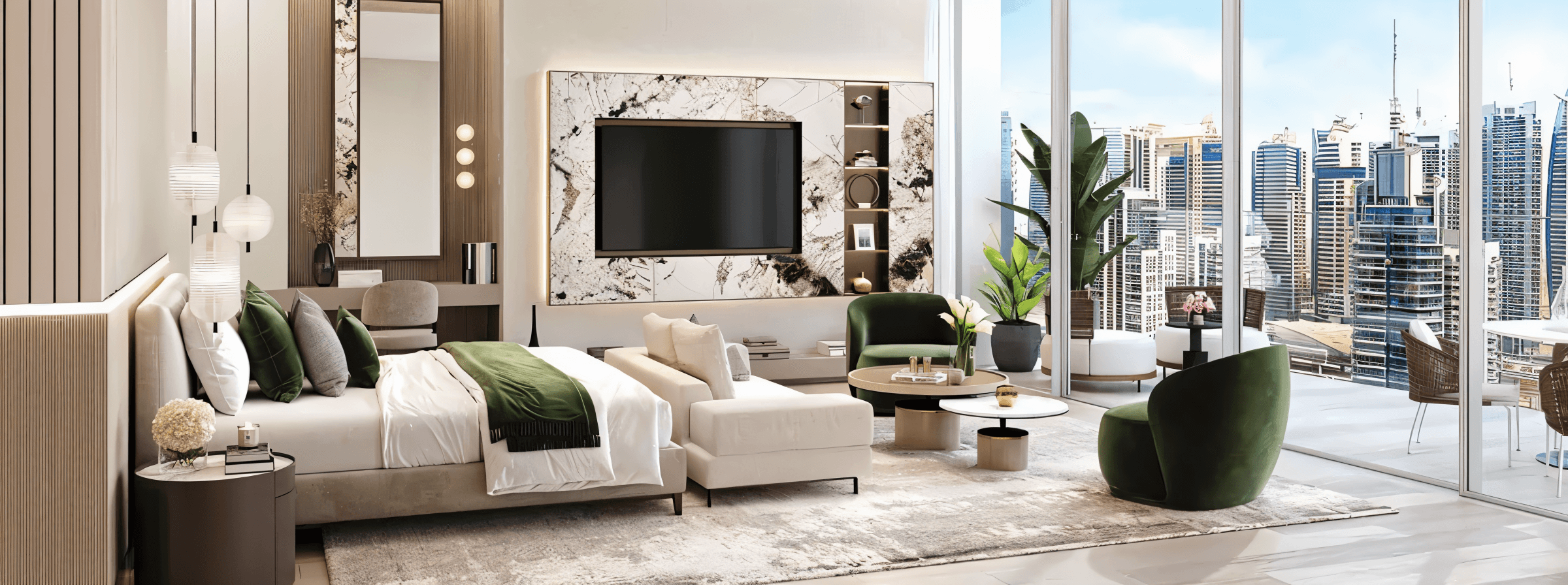  A bright living room with a large glass wall overlooks the serene pool area.