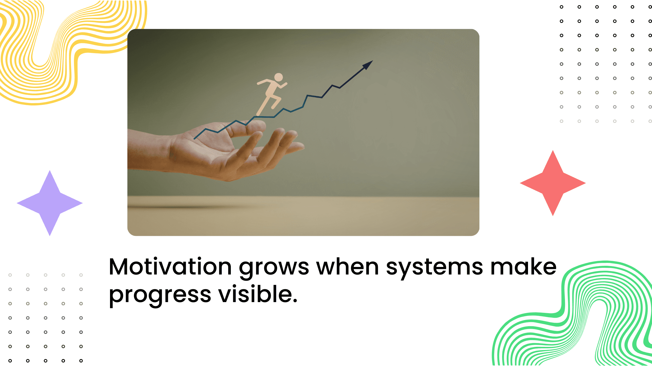 Hand holding an upward progress chart with a running figure and text about systems making coaching progress visible.