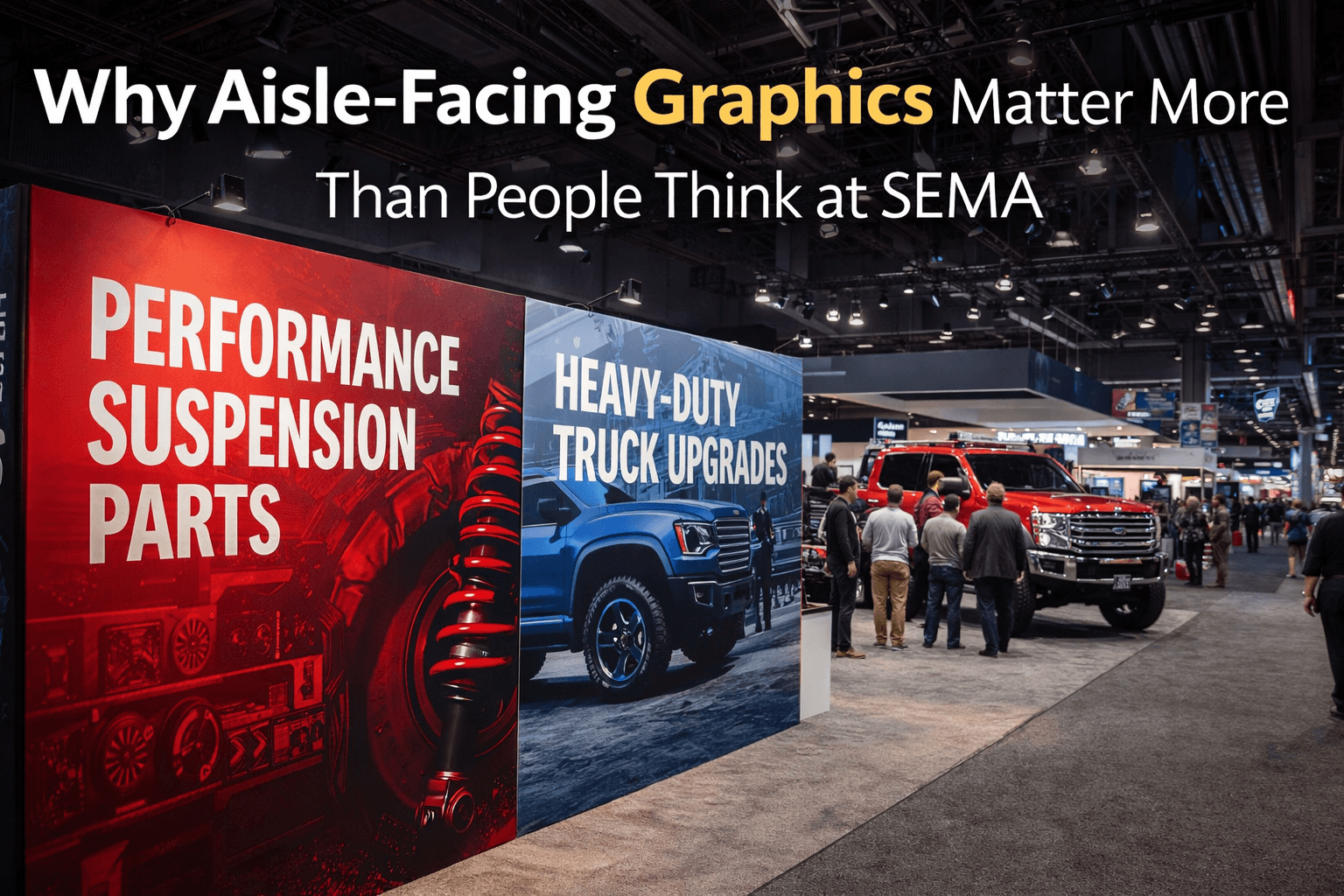 SEMA Show booth graphics at the aisle edge with automotive wall messaging, vehicle display visibility, and a clear product-focused booth entrance