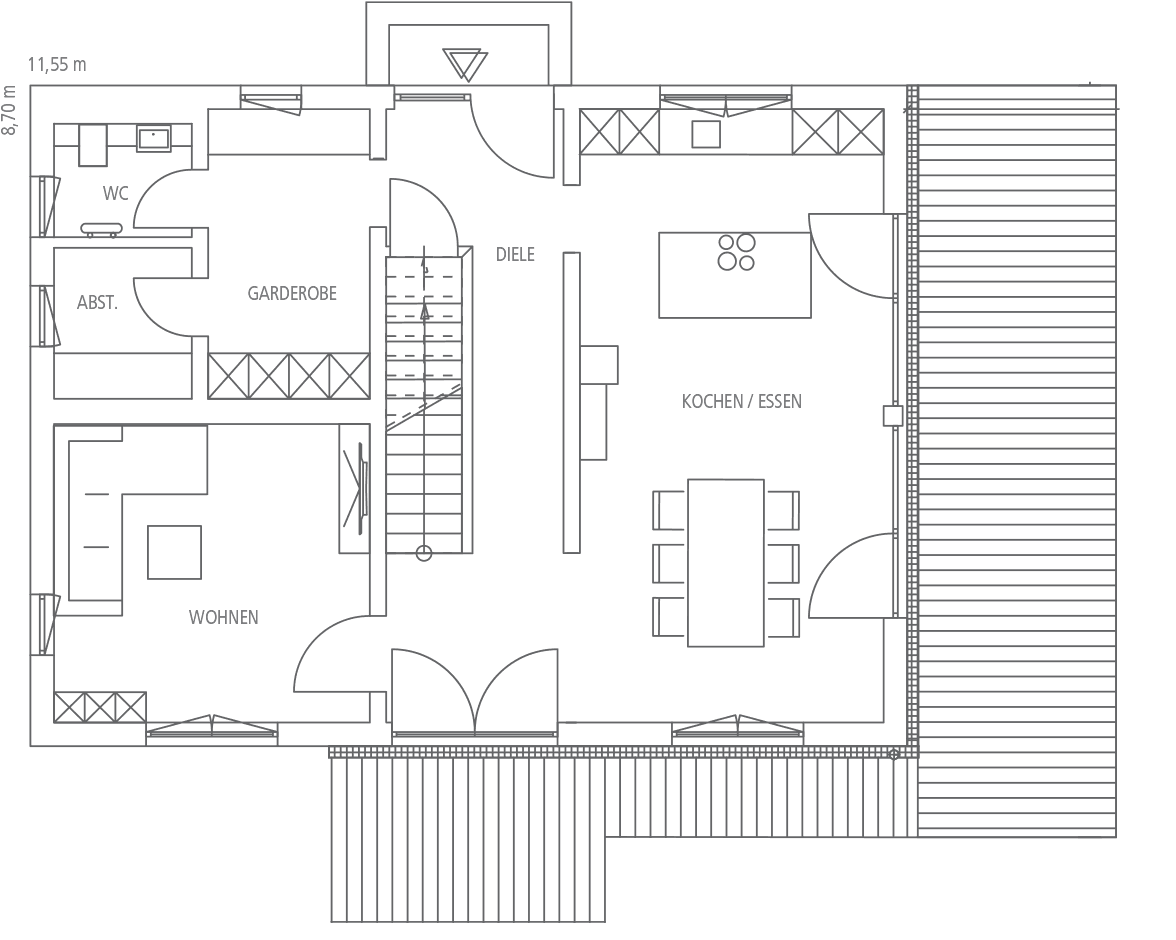 Grundriss Erdgeschoss: Wohnen, Garderobe, WC, Abstellraum, Diele, Kochen/Essen mit Terrasse.