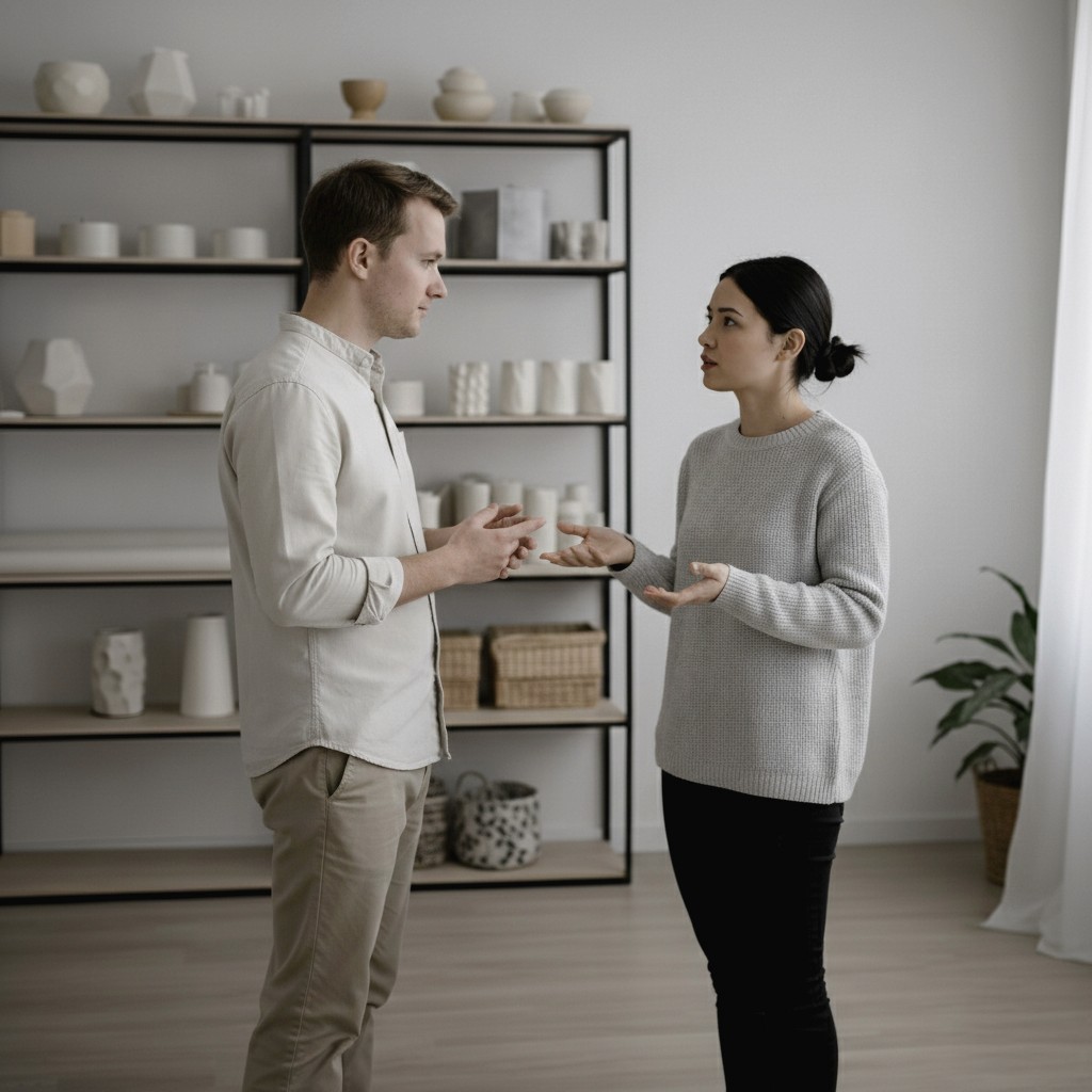 A man and a woman stand in a bright studio space, engaged in a professional conversation. They are surrounded by light-colored decor and shelving units filled with ceramic vessels.