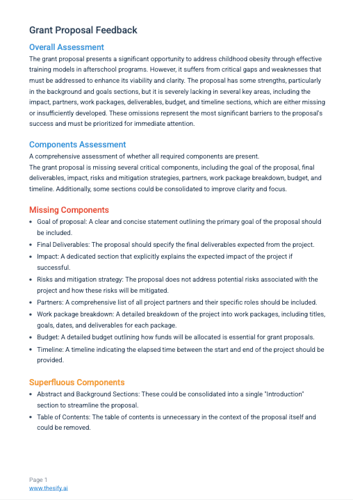 Theo grant proposal feedback report showing overall assessment, components assessment, missing components, and superfluous components