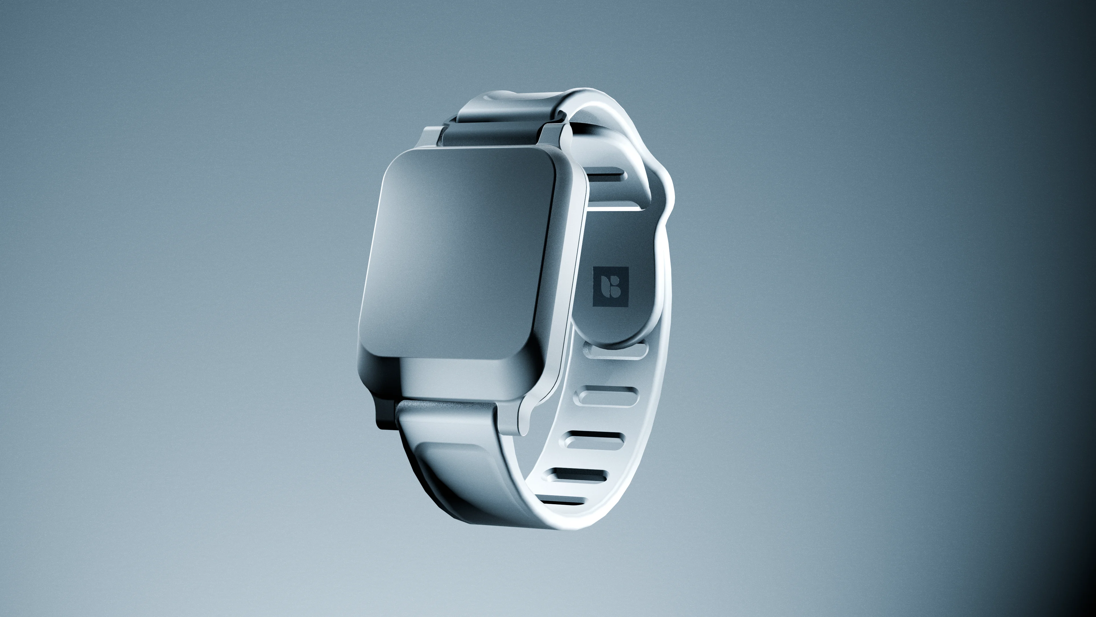Front view product visualisation of a biometric sensor smart wearable, highlighting industrial design, component packaging, and embedded electronics integration.