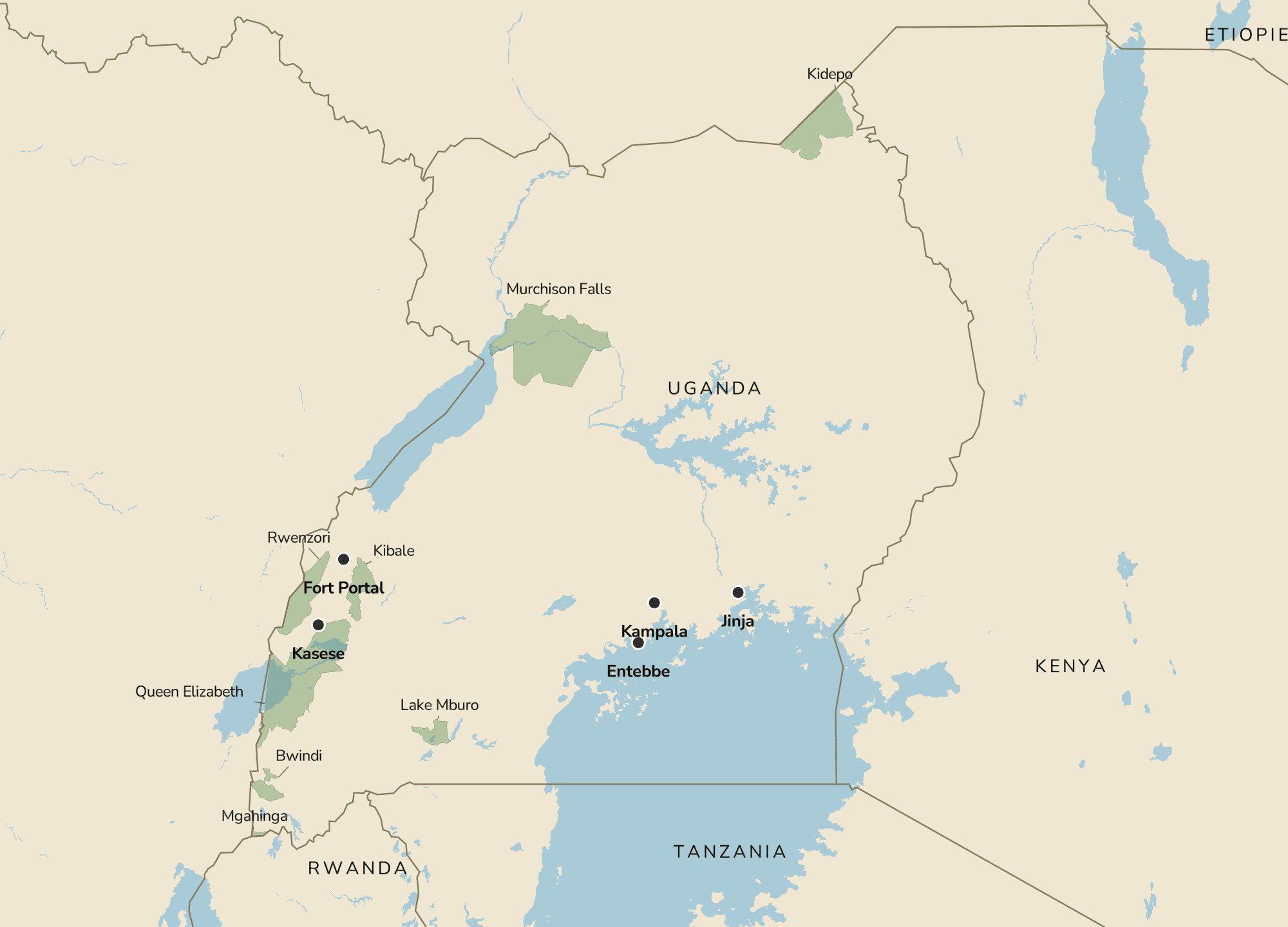 Kort over Uganda med Safarikompagniets safariområder: Murchison Falls, Kibale, Queen Elizabeth og Bwindi.