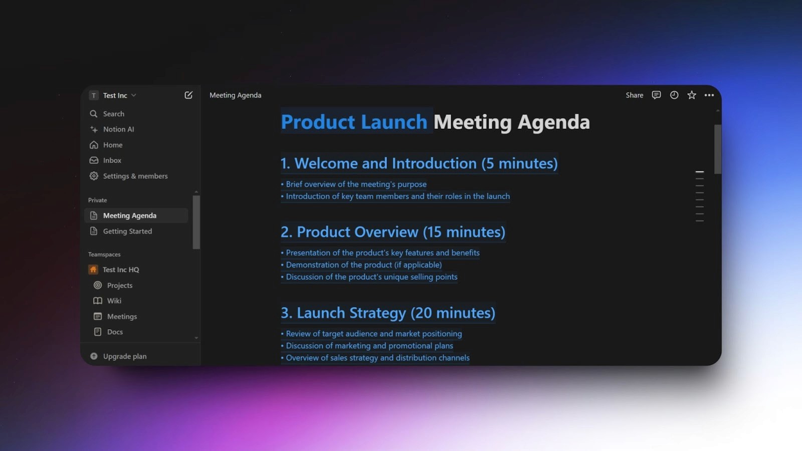 Screenshot of Notion AI workspace showing a product launch meeting agenda with sections for introduction, product overview, and launch strategy.