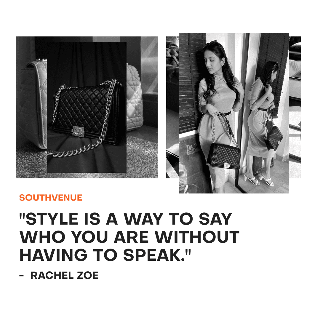 Black-and-white fashion editorial featuring luxury handbags