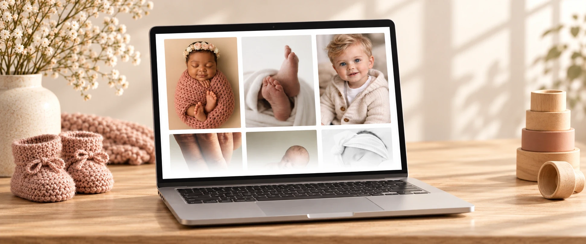 Fade-up Grid auf einem Laptop: Babyfotos in drei Spalten, daneben roséfarbene Strickschühchen und Holzbecher.