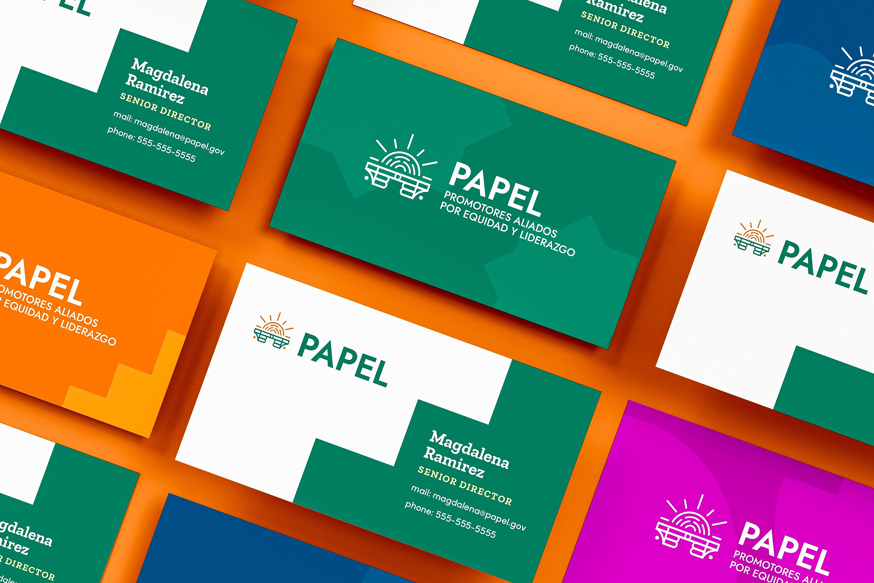 PAPEL business cards, laid out in a grid, showing the variety of the brand's color palette and typography.