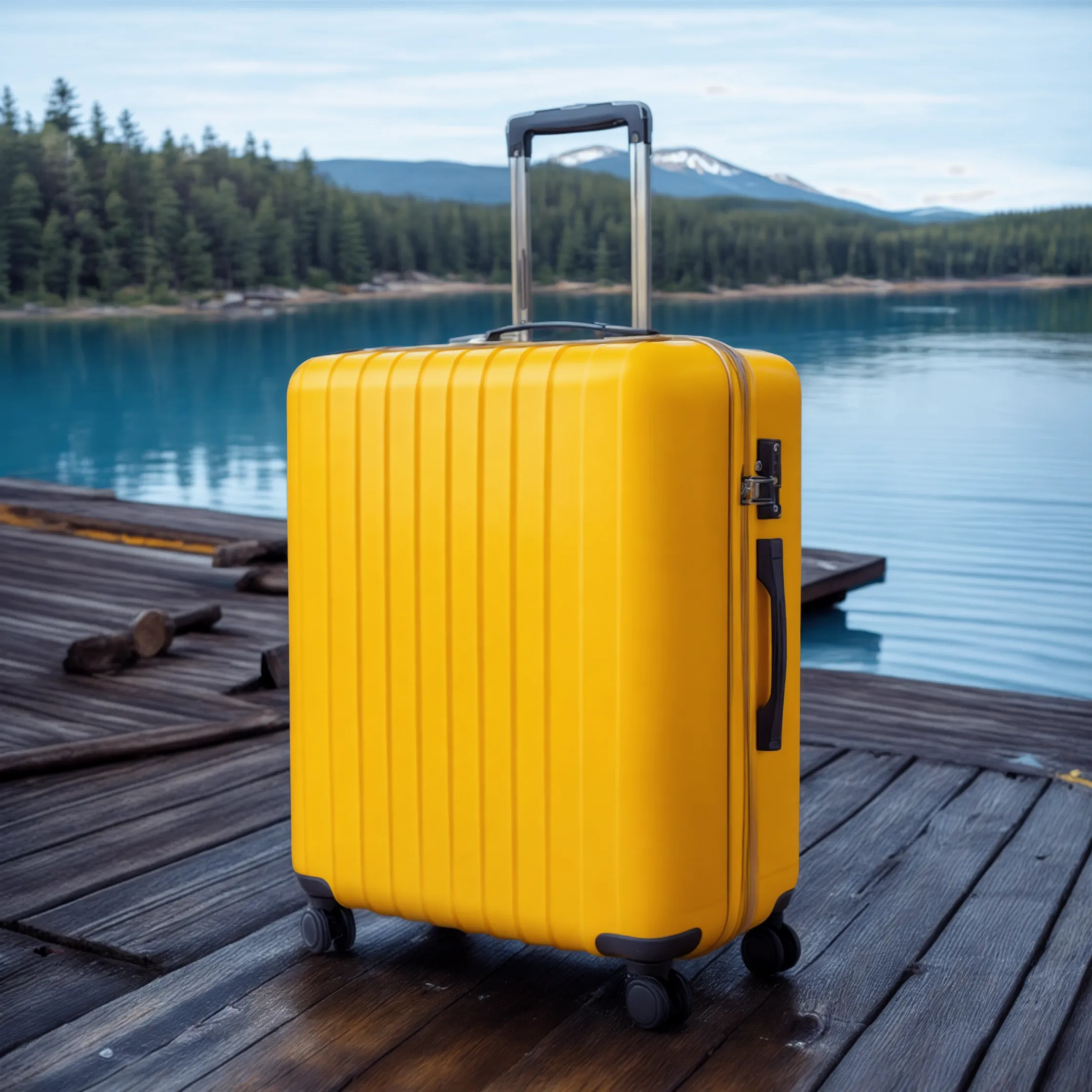 Yellow suitcase on a pier in a lake surround of mountains. Generated with AI.