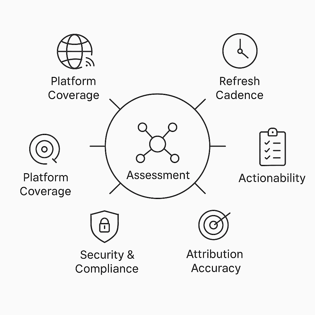 Circular five-pillar diagram illustrating key LLM SEO tool evaluation factors via simple icons