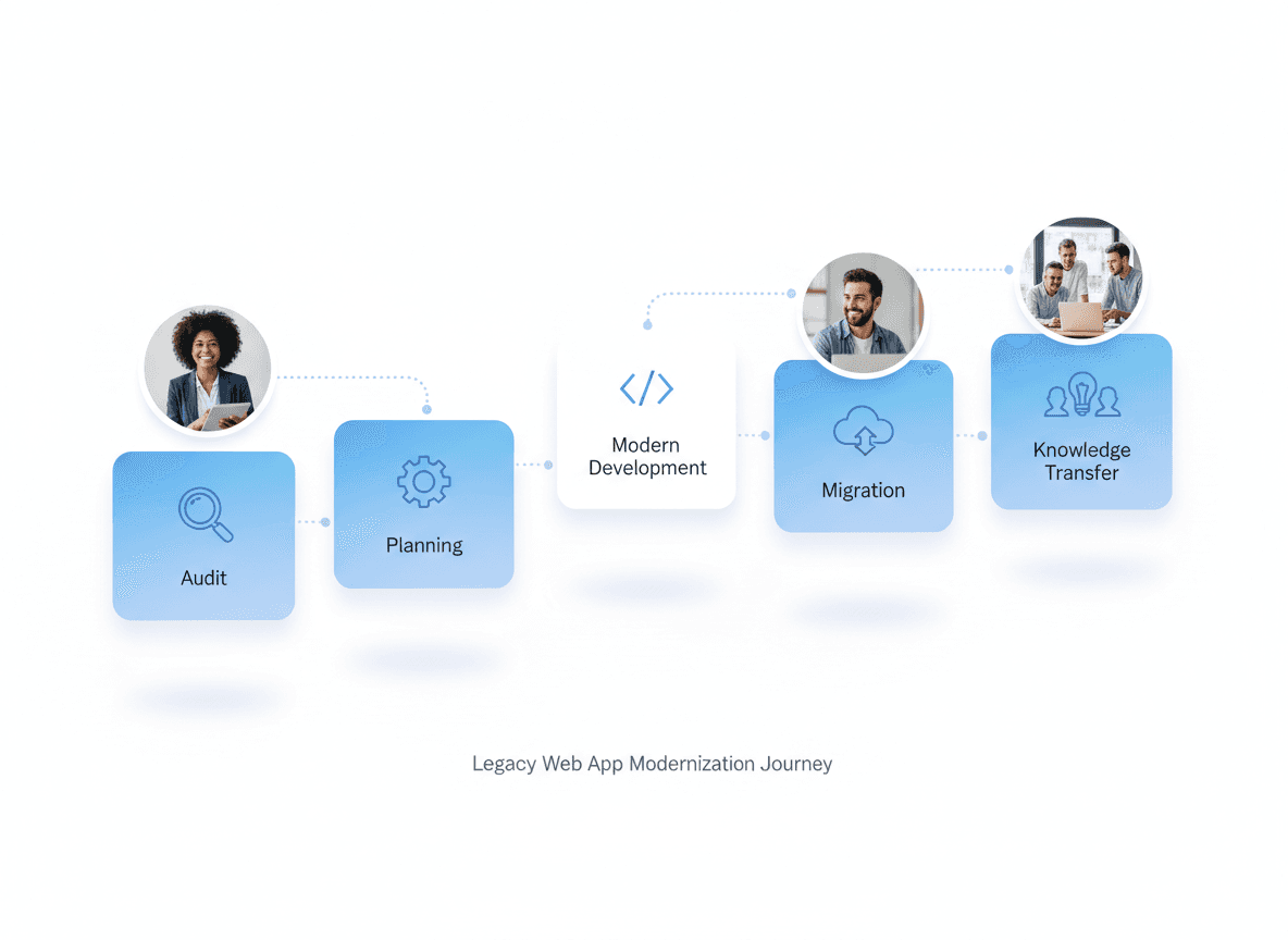 Five-step legacy web app modernization process from technical audit to migration and knowledge transfer with zero business disruption