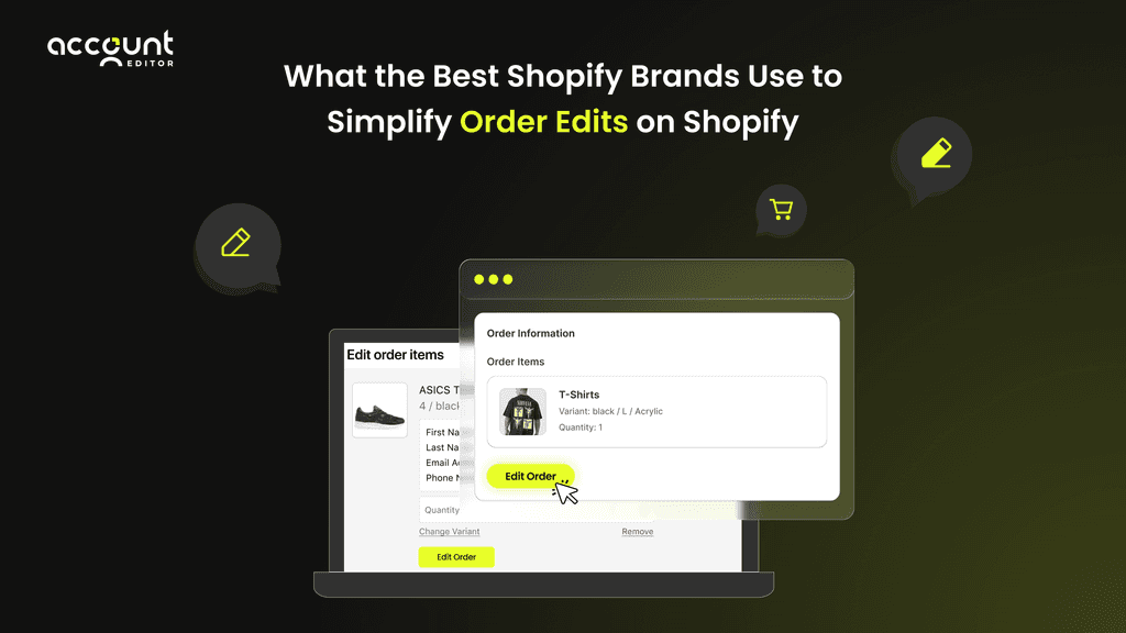 Interface showing how Shopify brands simplify order edits with a customer-friendly order editing screen, including options to change items and update order details.