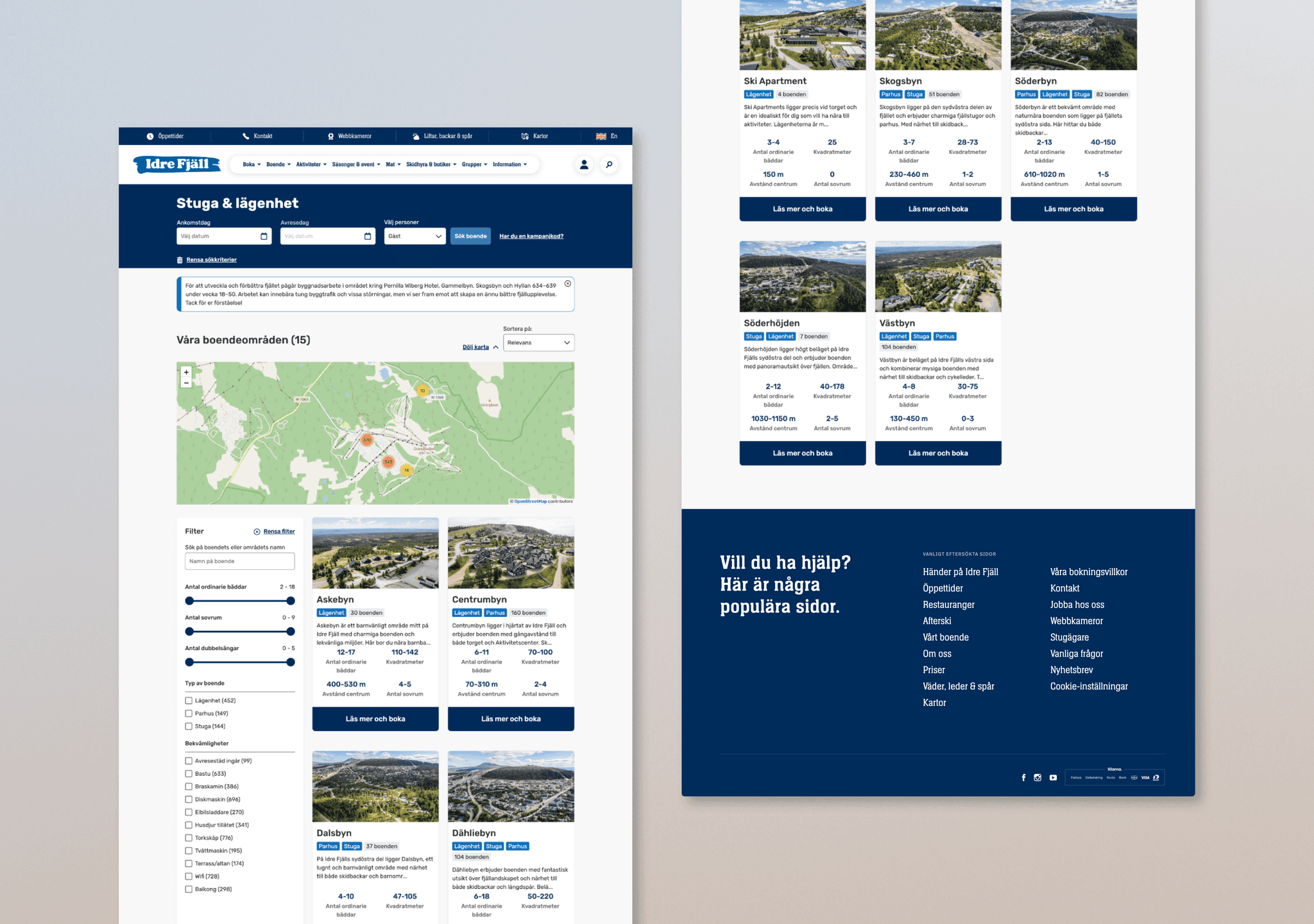 Screenshot showing a product listing page from Idre Fjäll’s website with accommodation options, map view, and filter menu