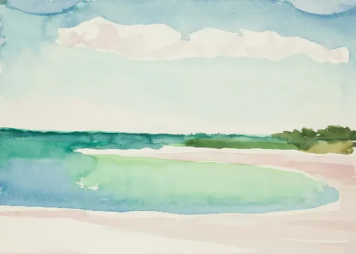Watercolor landscape painting with serene blue sky, green water, and lush greenery.