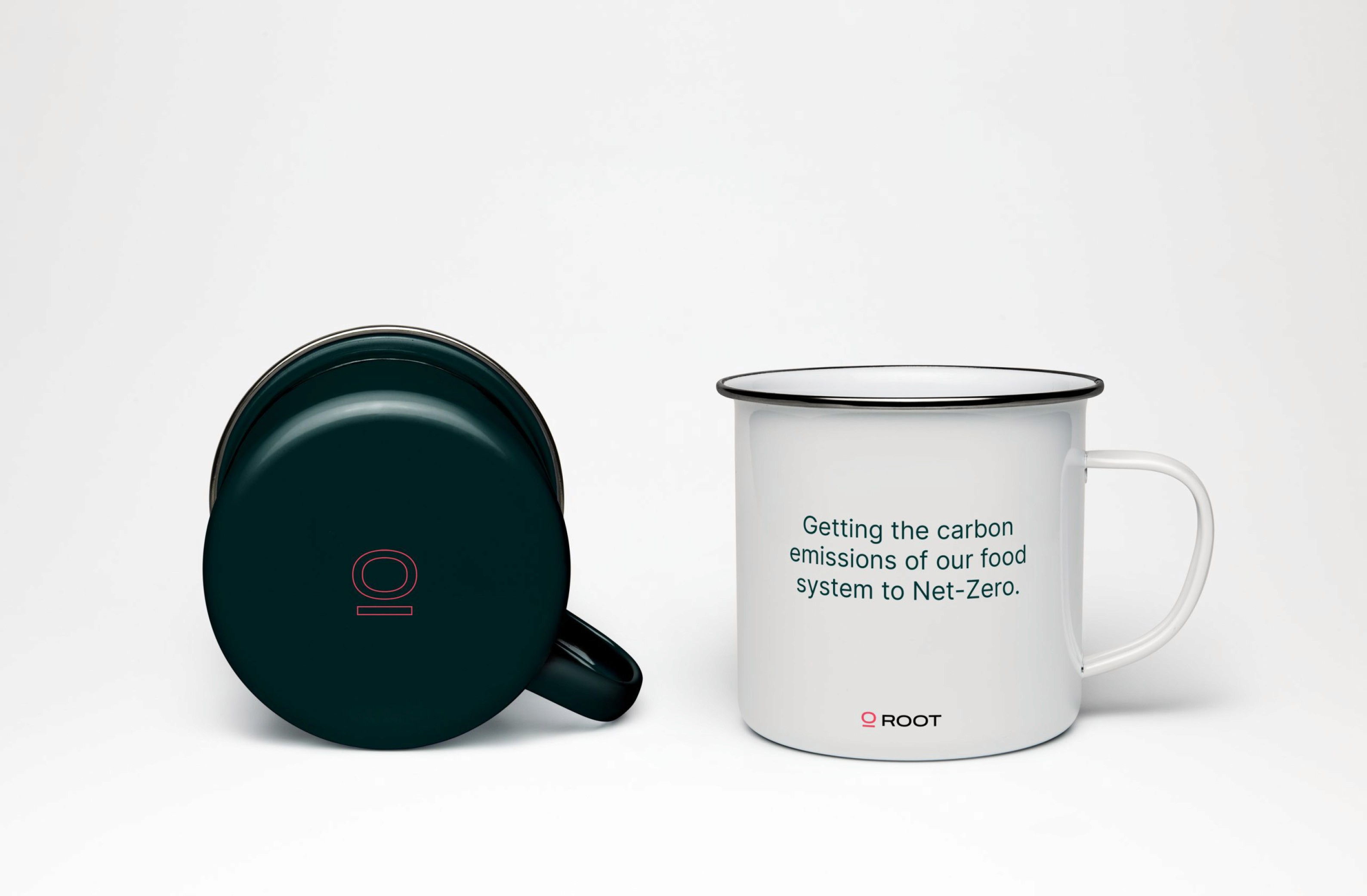 Eco-friendly coffee mugs promoting net-zero carbon emissions in the food system.