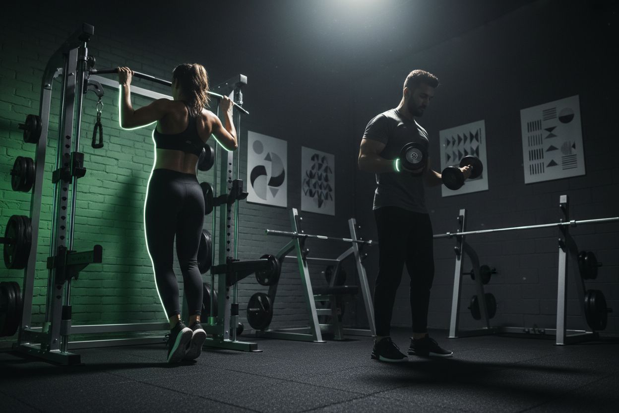 Two people performing dumbbell presses in a gym
