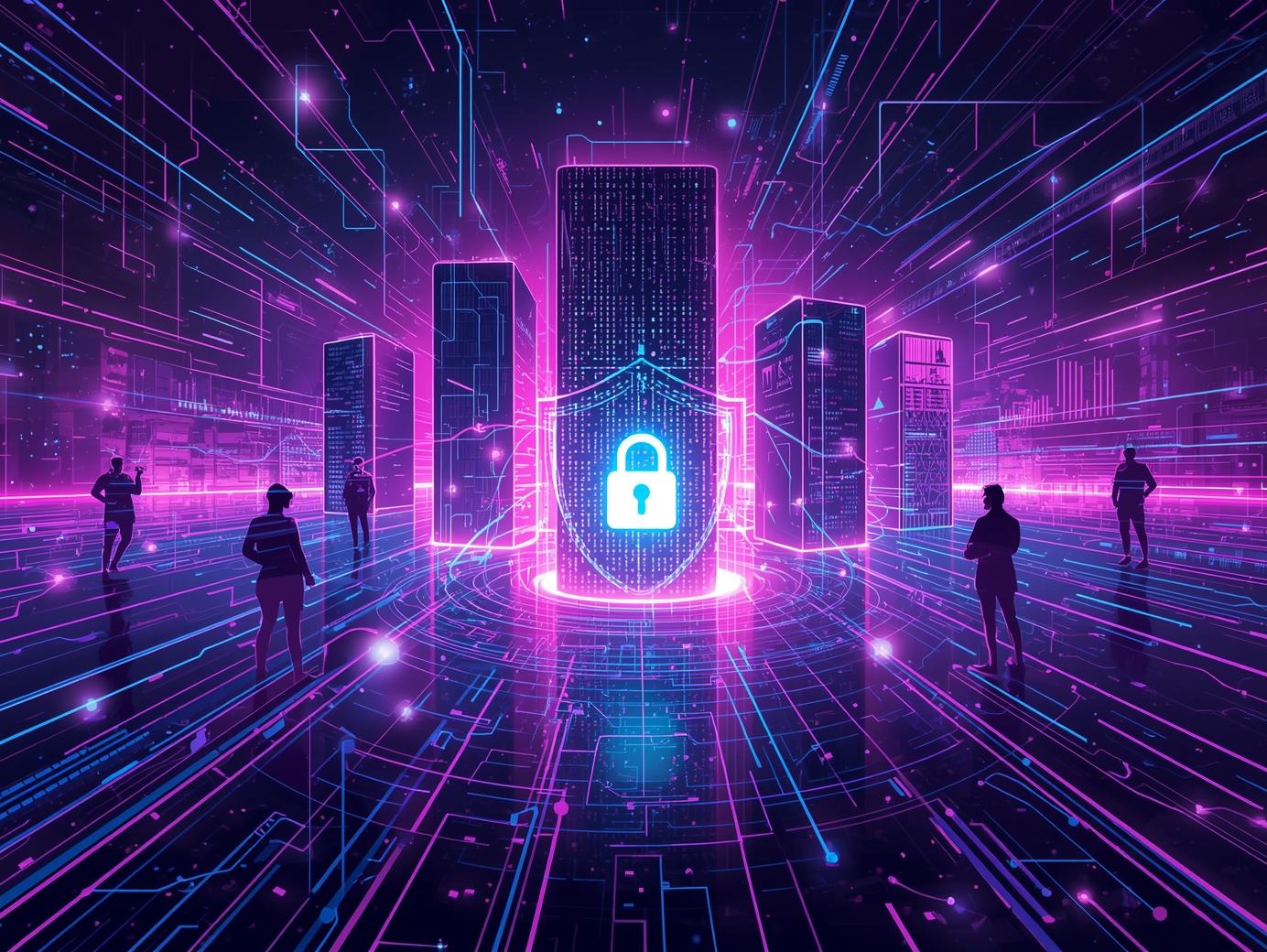 Abstract digital art with glowing purple particles on a black background.