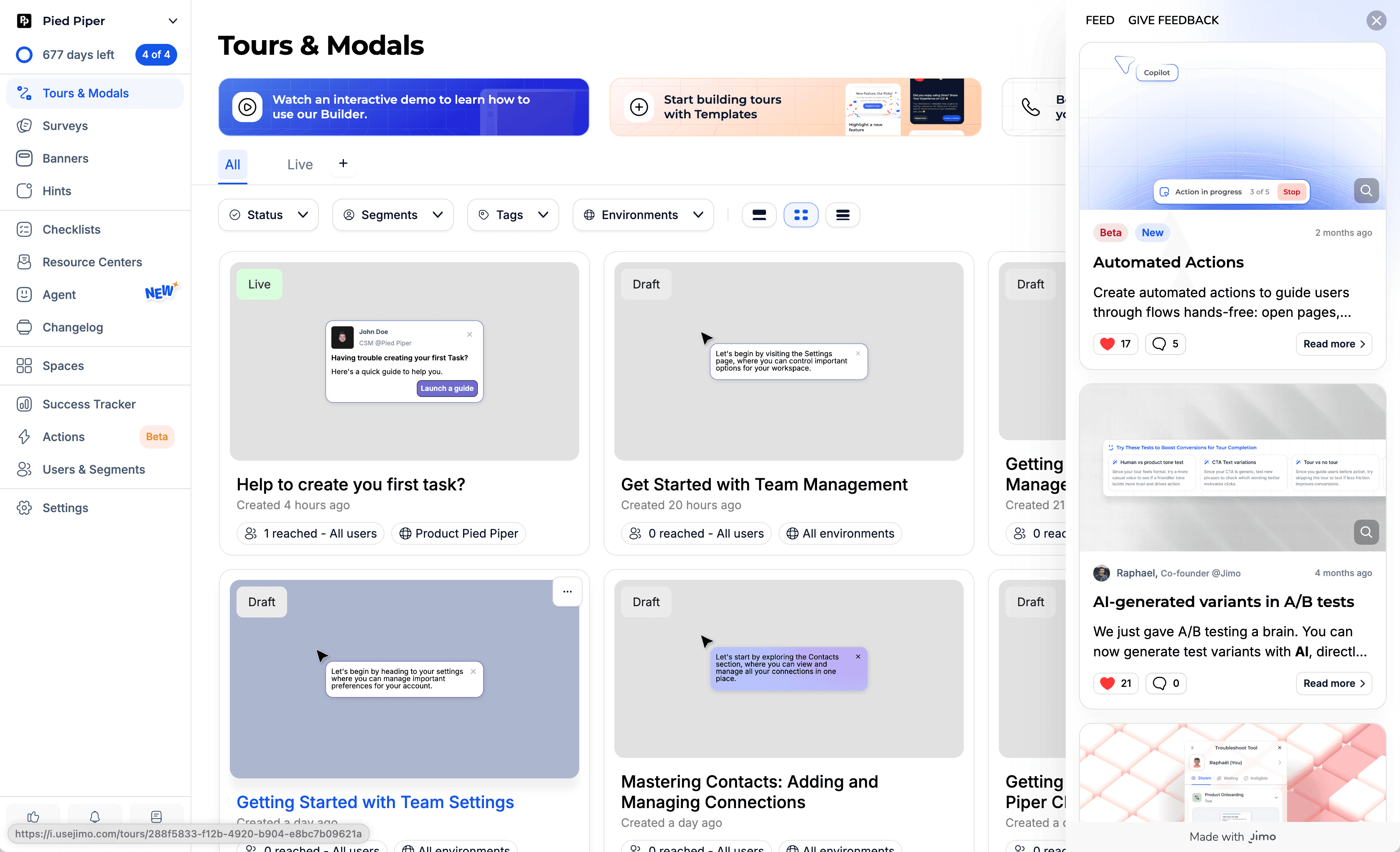 Jimo's built-in Changelog feature with a feed panel, reaction system, and entries paired with interactive tours. Deployable in under 30 seconds from the same platform you use to build tours and banners.