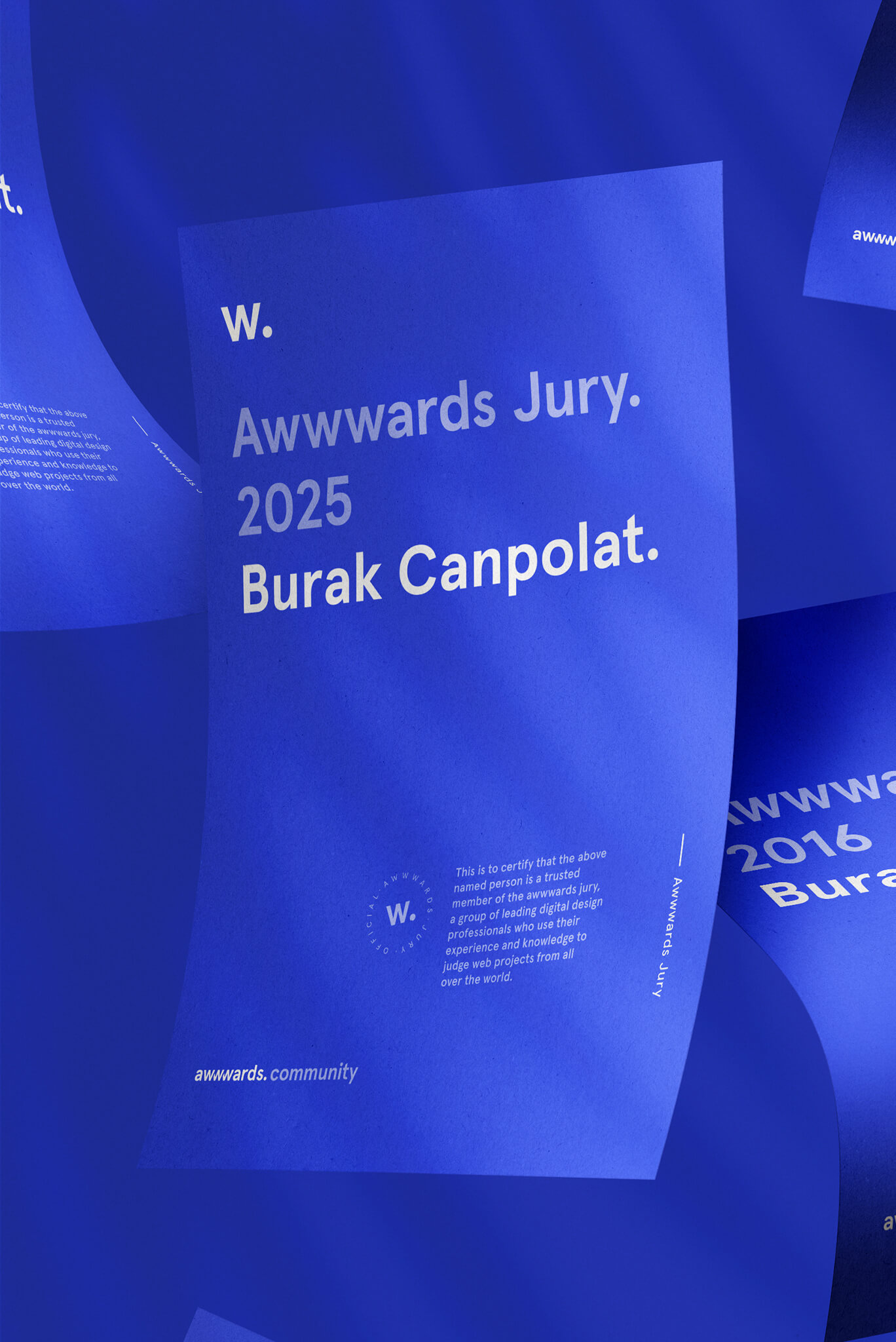 Awwwards Jury 2025 poster featuring Burak Canpolat’s name on a blue wavy design background; showcasing industry recognition and expertise.