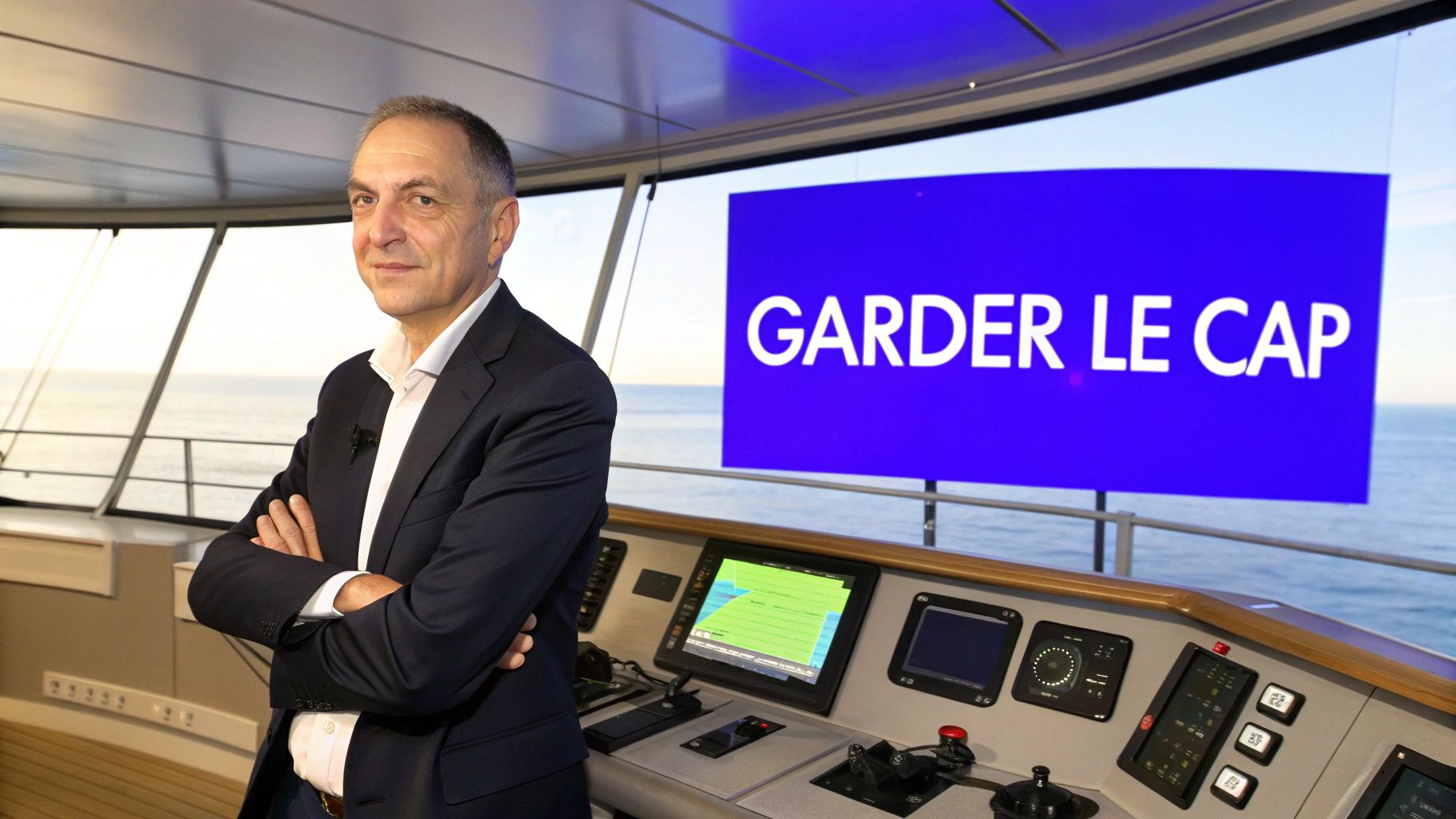 Un homme d'affaires souriant en costume sur la passerelle d'un navire, avec le message 
