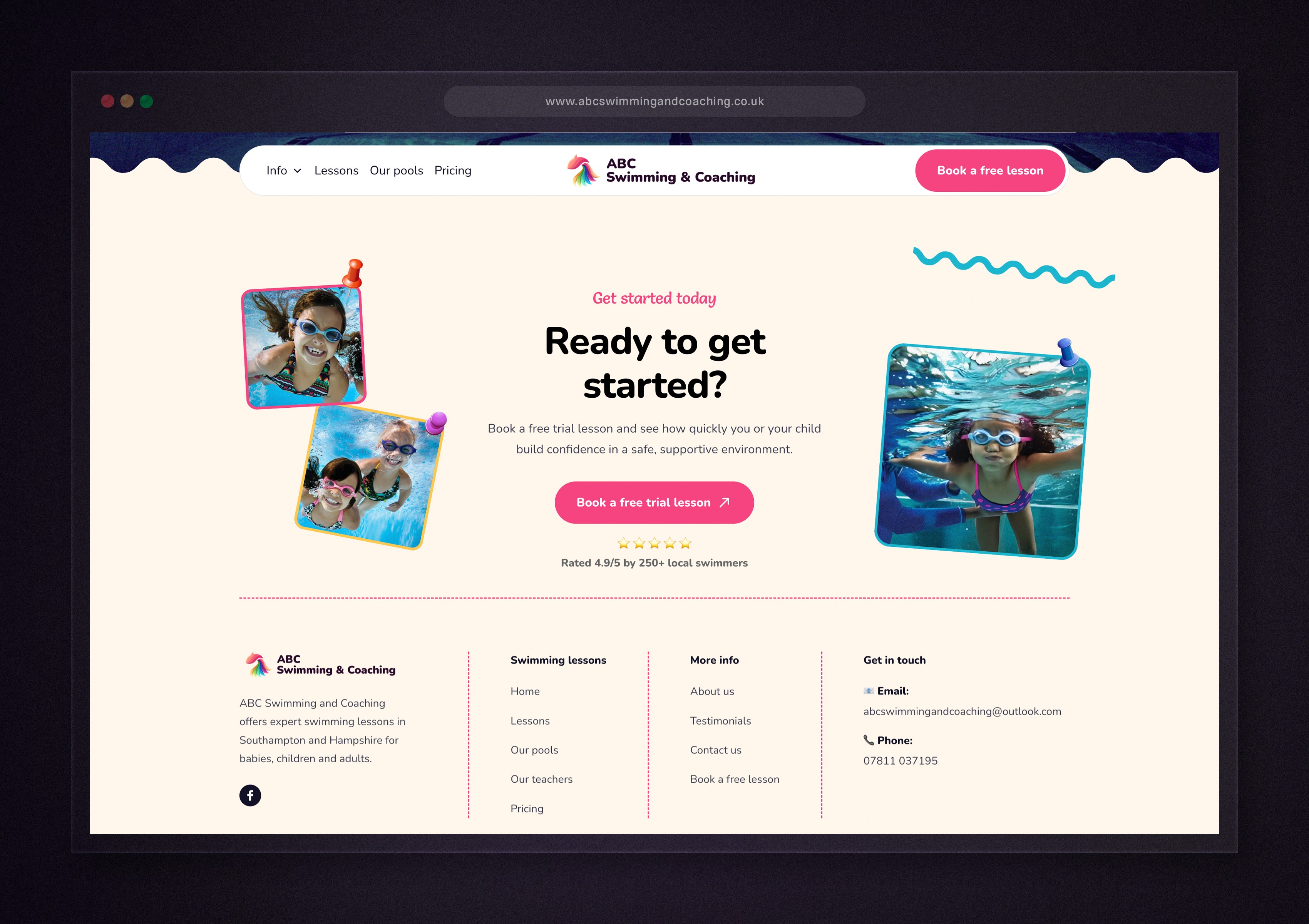 Mobile-friendly swim school website design with simple navigation and fast access to lessons, pricing, and booking