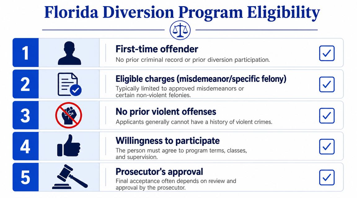 A list of five essential eligibility criteria for participating in a Florida diversion program for offenders.