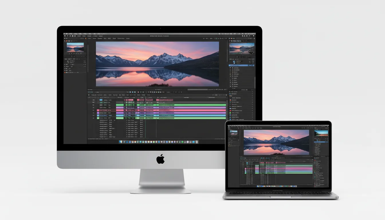 Studio product shot of a silver Apple iMac and a silver MacBook Pro on a seamless white background, with clean, soft studio lighting. Both devices are displaying the Final Cut Pro video editing software in Modern Dark Mode. The interface shows a large preview of a cinematic landscape with snowy mountains reflecting in a calm lake under a vibrant pink and orange sunset sky. Below the preview is a complex, multi-track video timeline with colorful clips, waveforms, and UI elements. The iMac is positioned centrally, with the MacBook Pro in front and to the right.