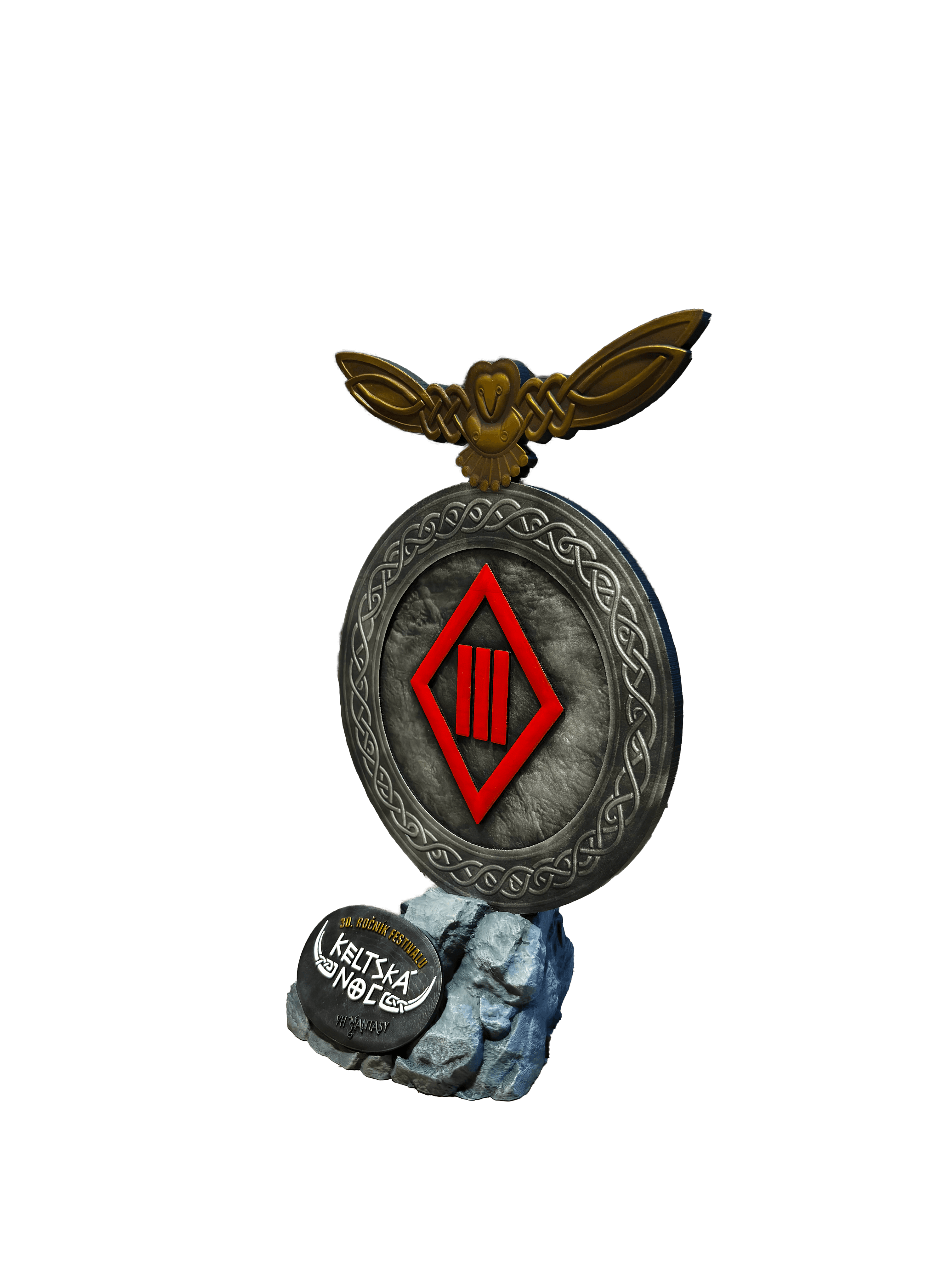 Ručně vyrobená trofej pro kapelu Tři sestry k 30. výročí festivalu Keltská noc bez pozadí