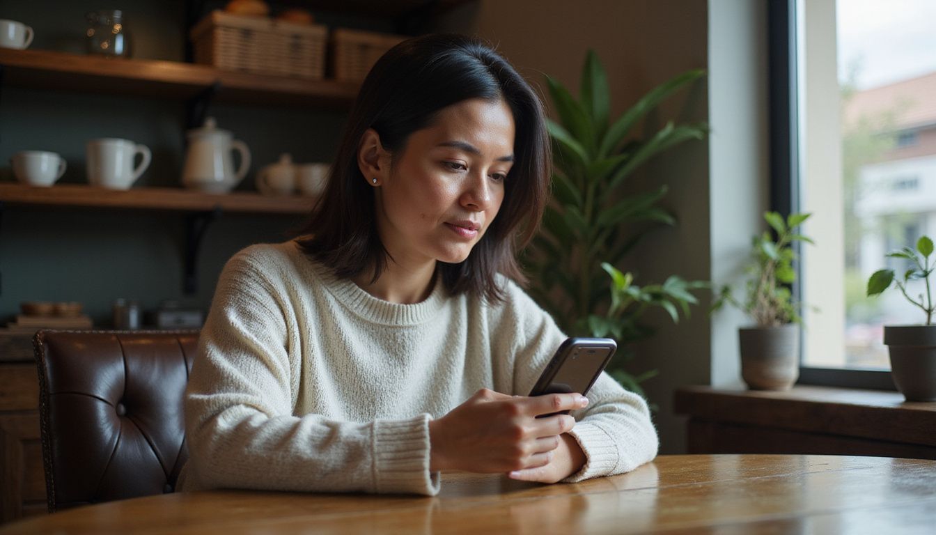 A focused woman studies flood alerts on her phone in a cozy café.