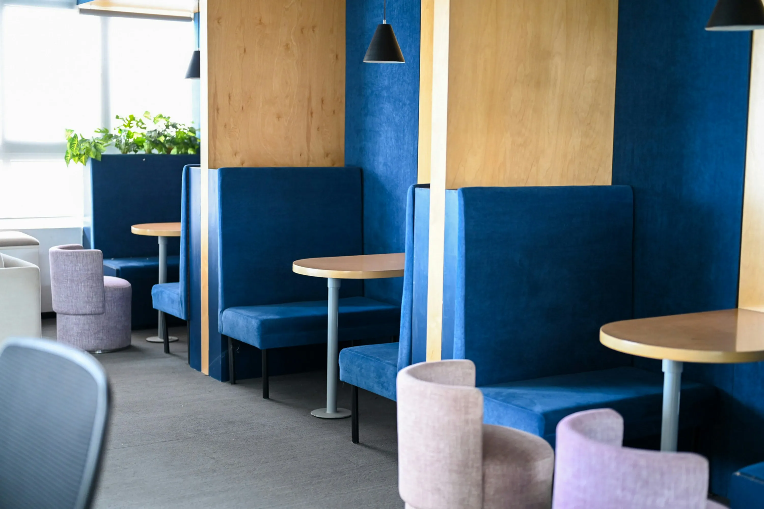 Modern office booths with blue seating and wooden accents