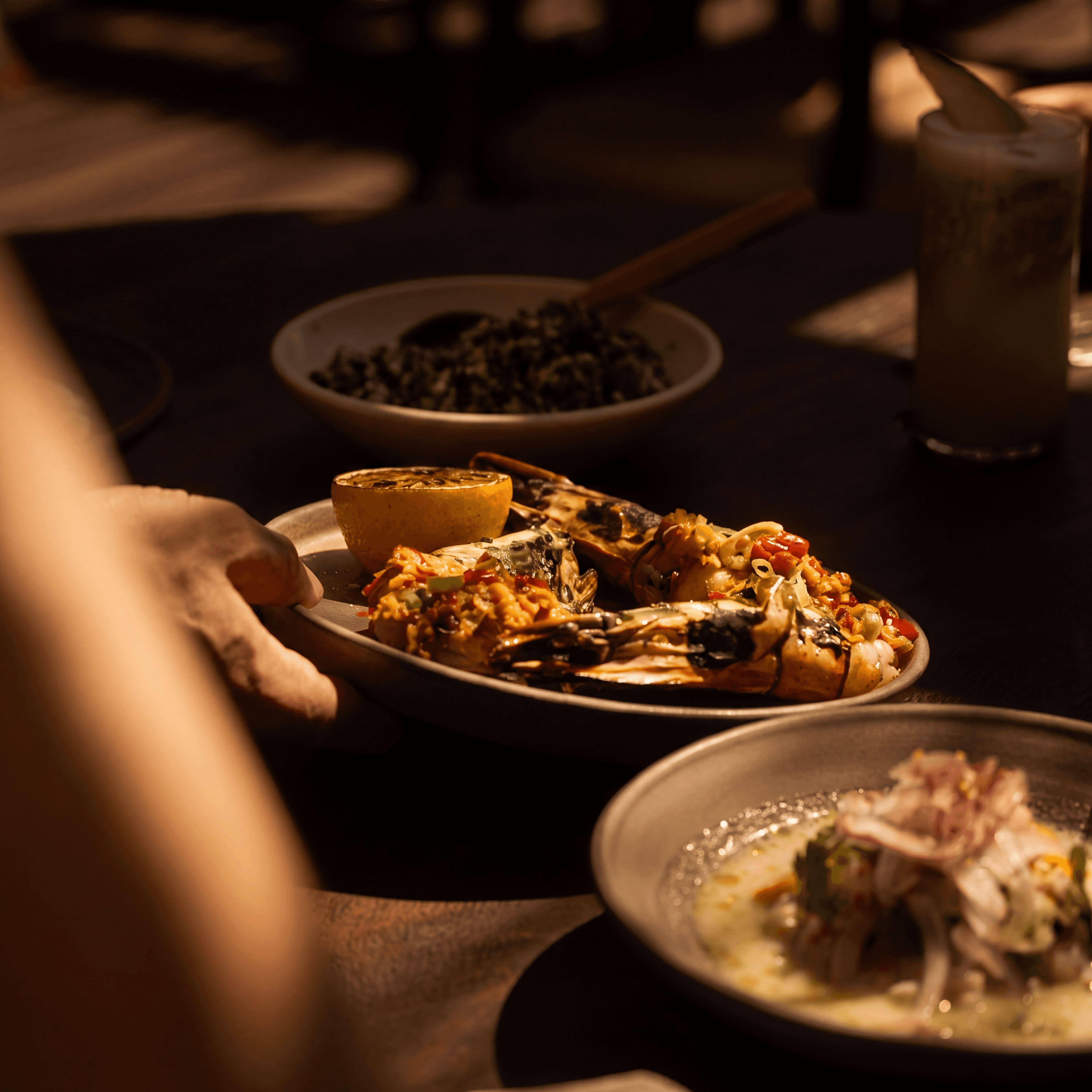 Mediterranean seafood dishes served at Scorpios Bodrum restaurant with Aegean Sea view