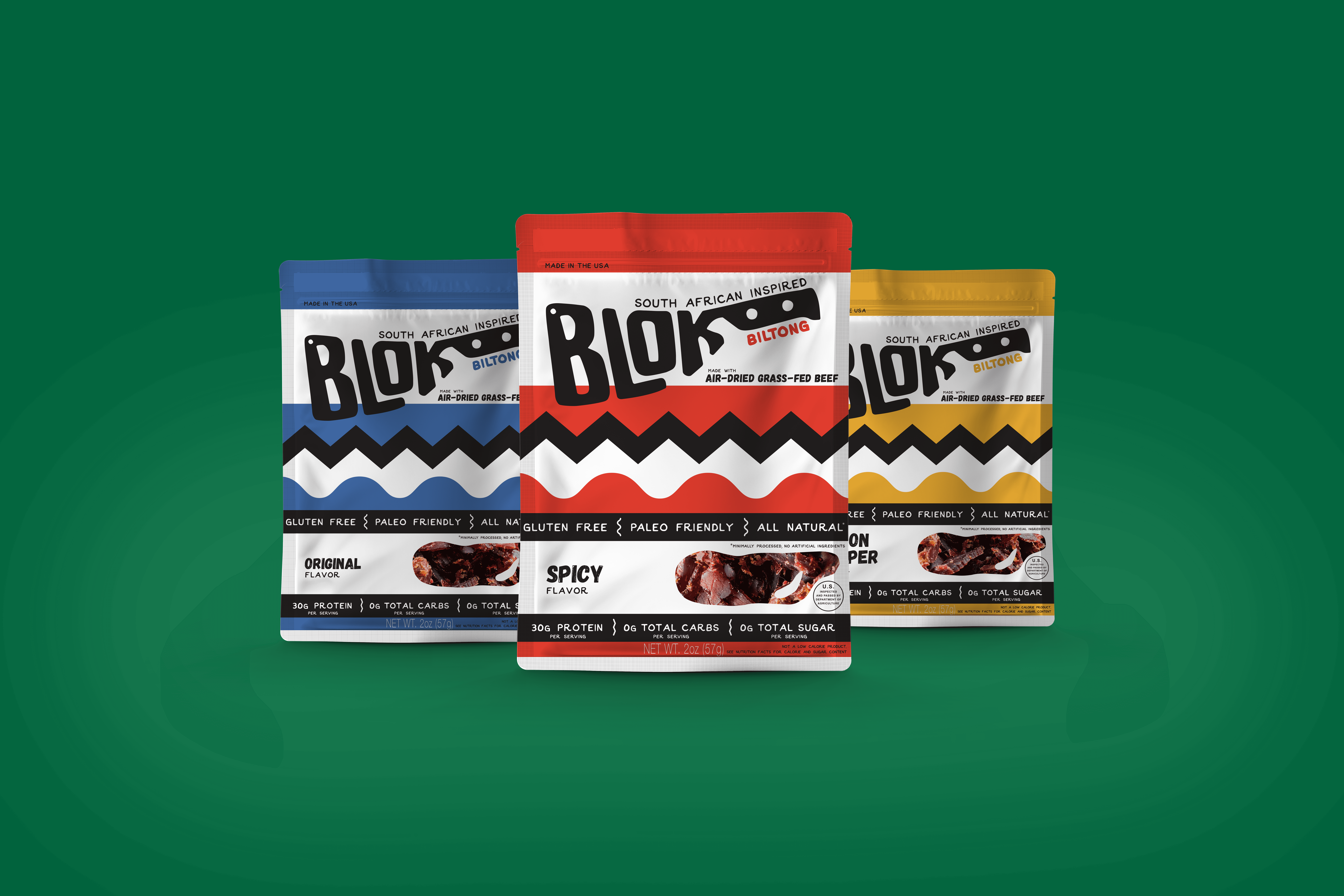 Blok Biltong packaging in three flavors