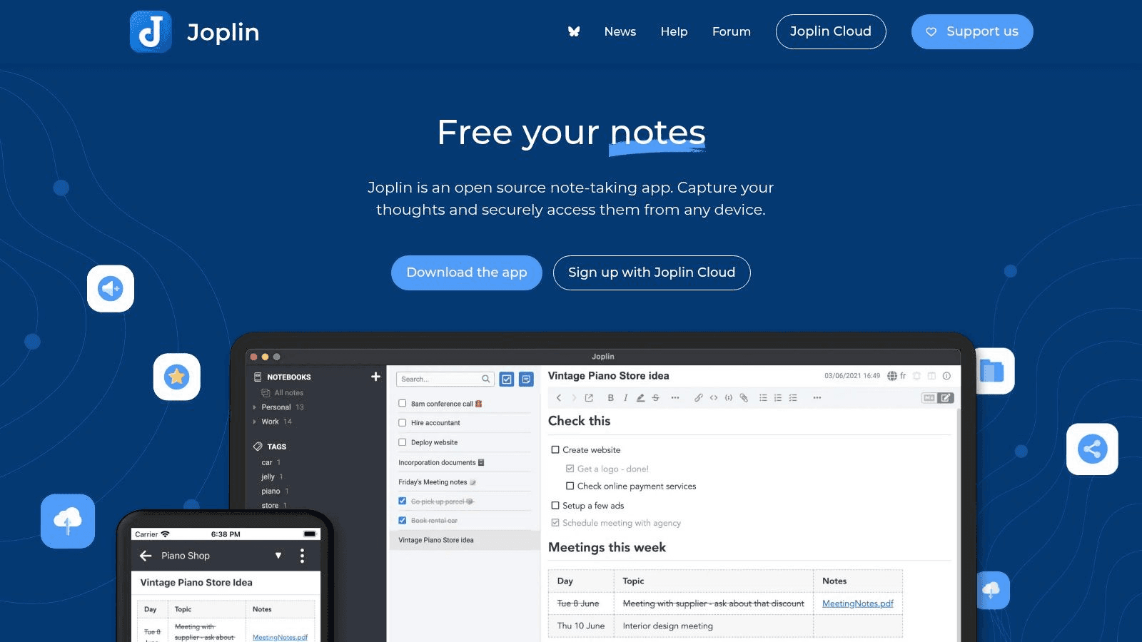 Screenshot of the Joplin note-taking app homepage. 