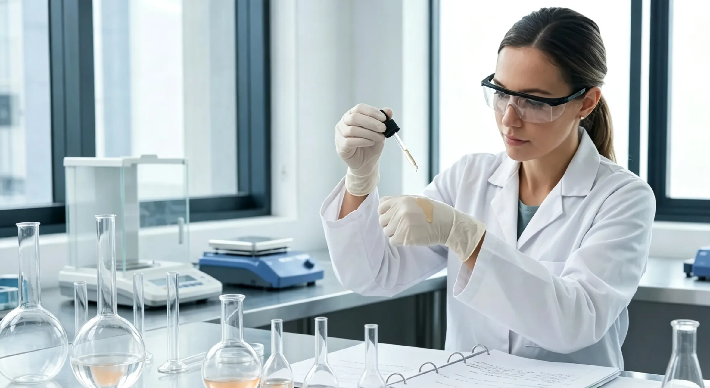 Lab scientist performing formulation research in modern cosmetic R&D laboratory with glass flasks and lab instruments
