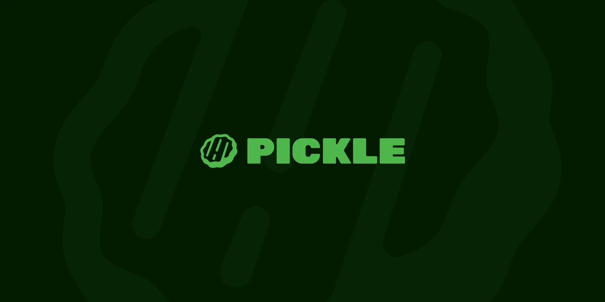 Pickle logo on dark green background featuring stylized circular icon and bold green typography
