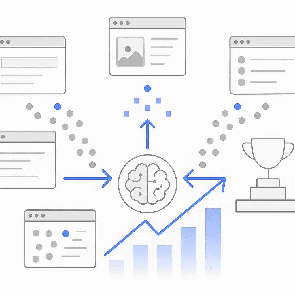 Diagram of webpages sending structured data to an AI brain that outputs higher ranking arrows
