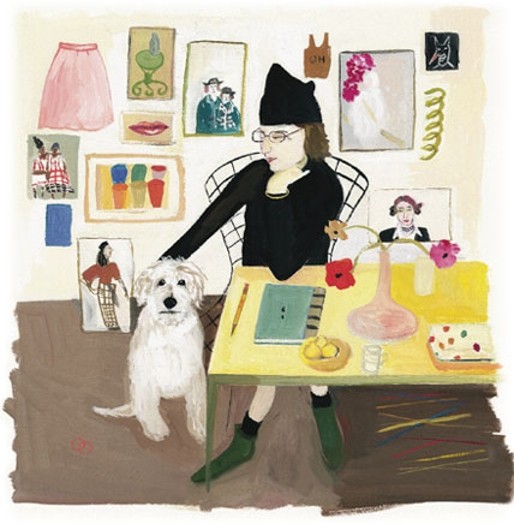 A painting of a women sitting at a table near her white dog. On the wall behind her there are multiple paintings and drawings of people, flowers, cups chairs and dresses.