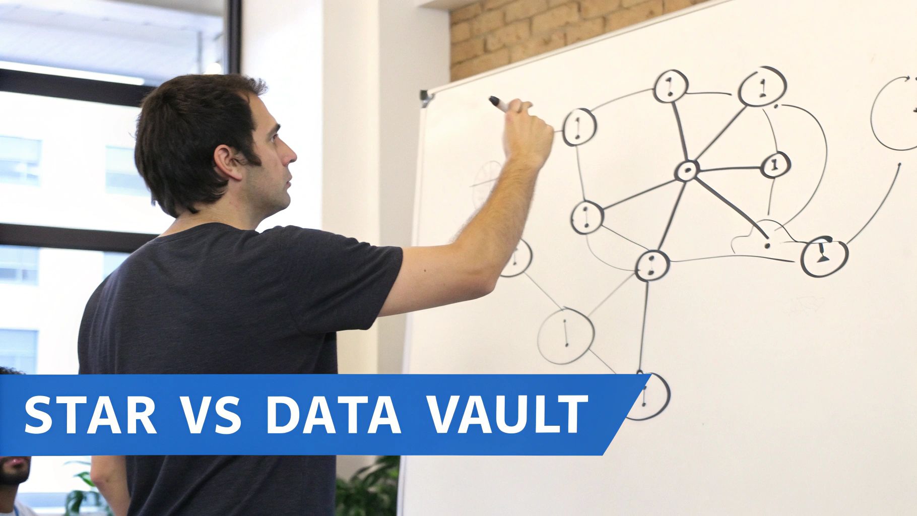 A man draws a complex data model comparing Star Schema and Data Vault on a whiteboard.